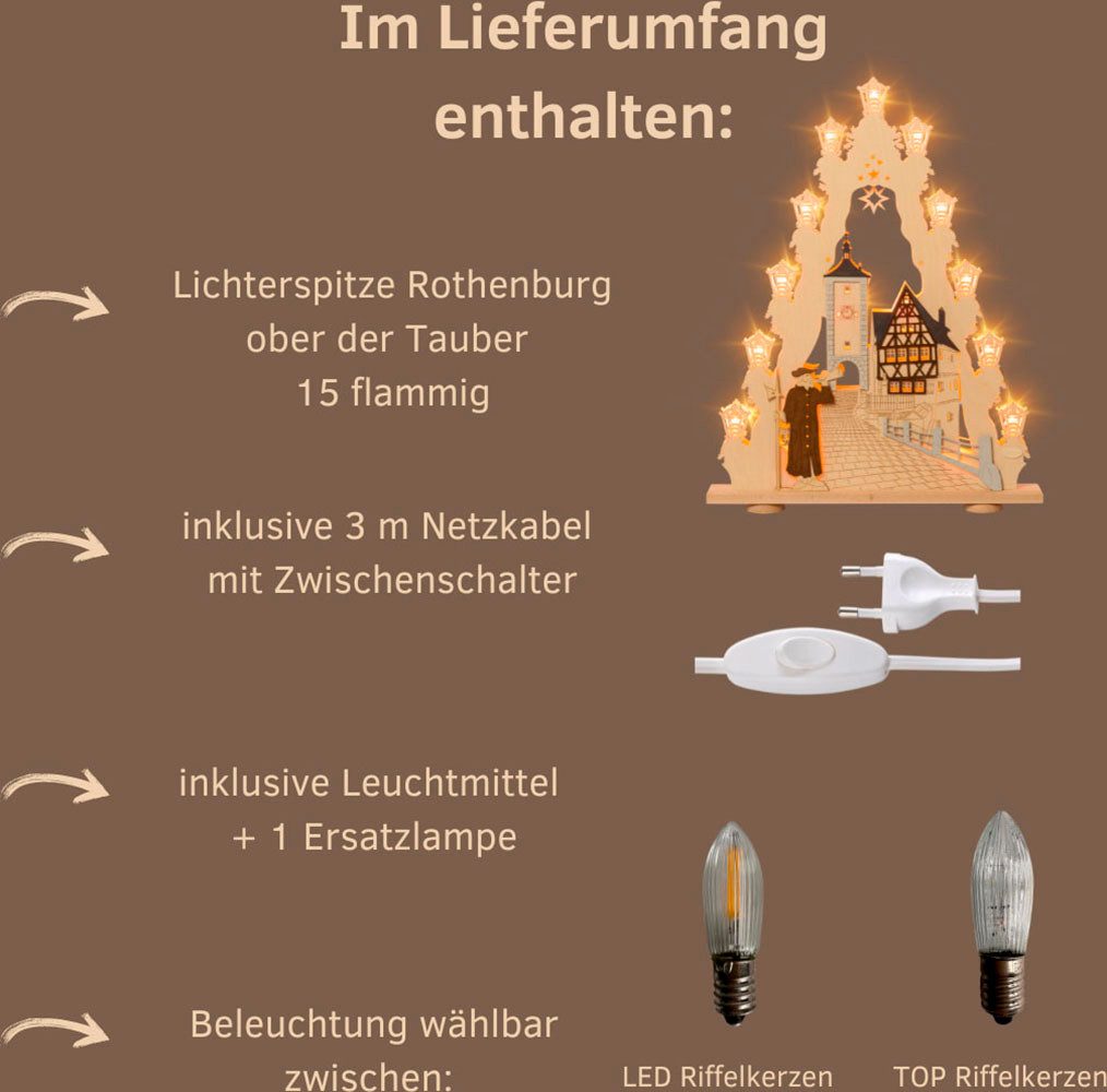 Weigla Schwibbogen Rothenburg ob der Tauber,große Lichterspitze aus Holz,Made in Germany (1-tlg), Erzgebirge garantiert, Weihnachtsdeko Innen, Weihnachtsbeleuchtung