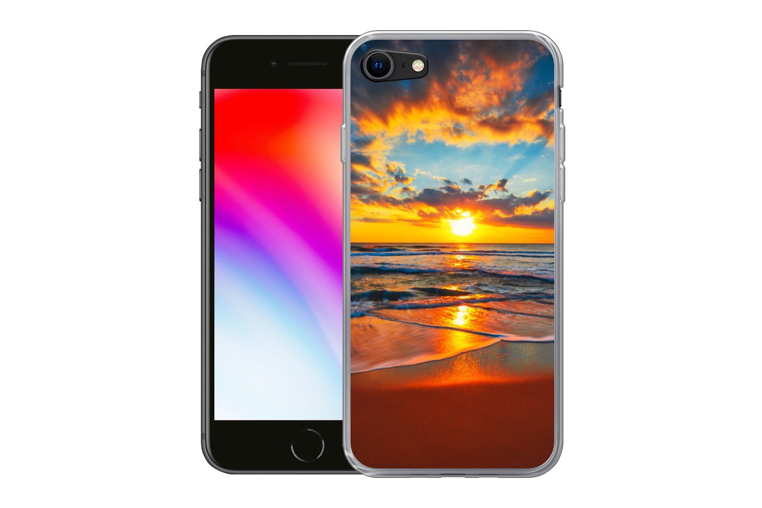 MuchoWow Handyhülle für Apple iPhone 8 Meer - Sonnenuntergang - Strand - Wolken - Orange, Smartphone-Bumper, Print, Handy Schutzhülle Dünn