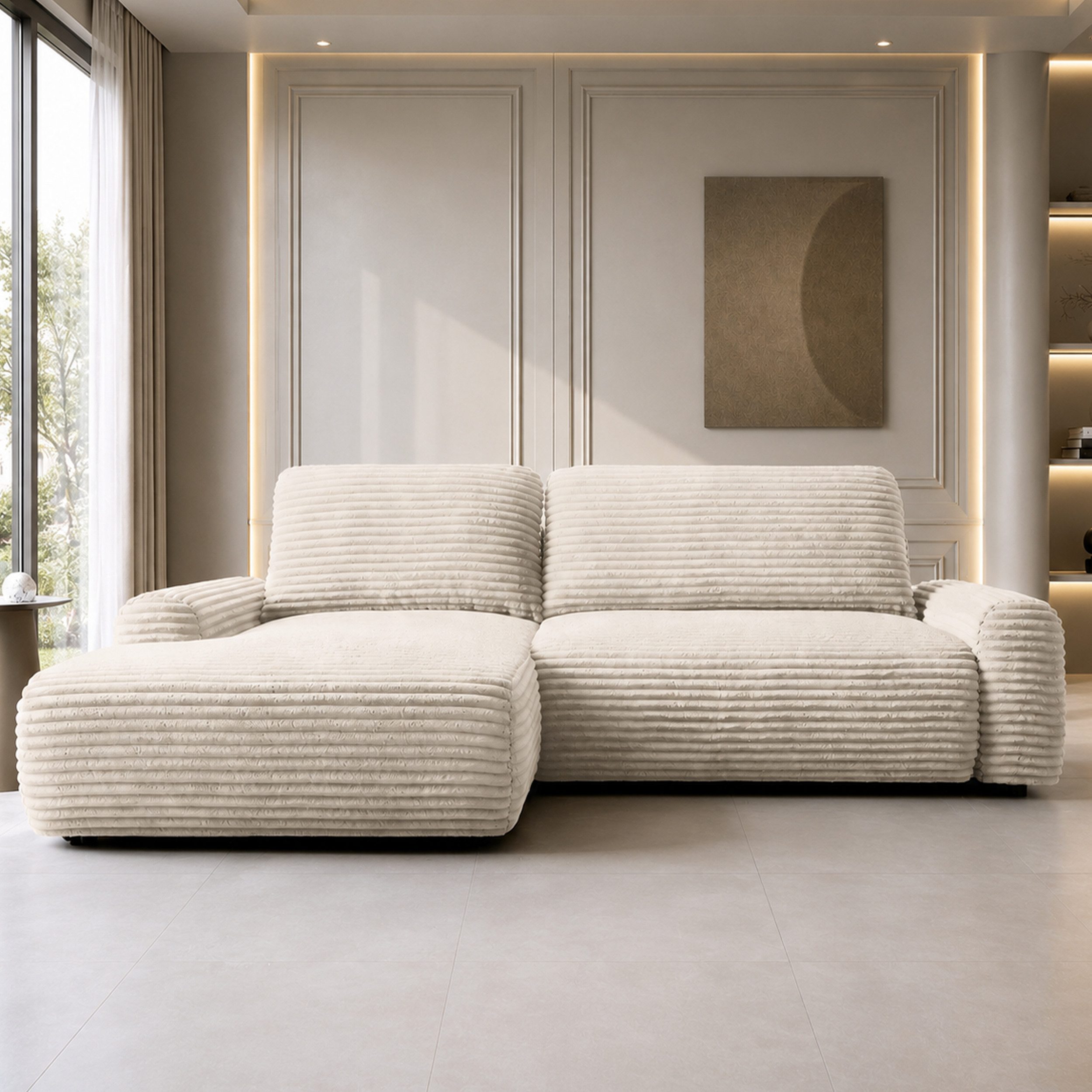 Goldstoff Ecksofa mit Schlaffunktion und Bettkasten, Cord Sofa - Modernes Schlafsofa, L-Form Schlafsofa mit Schlaffunktion und Bettkasten, moderner Cordstoff 2 Teile, pflegeleichtes Cordsofa mit Schlaffunktion in cremefarben