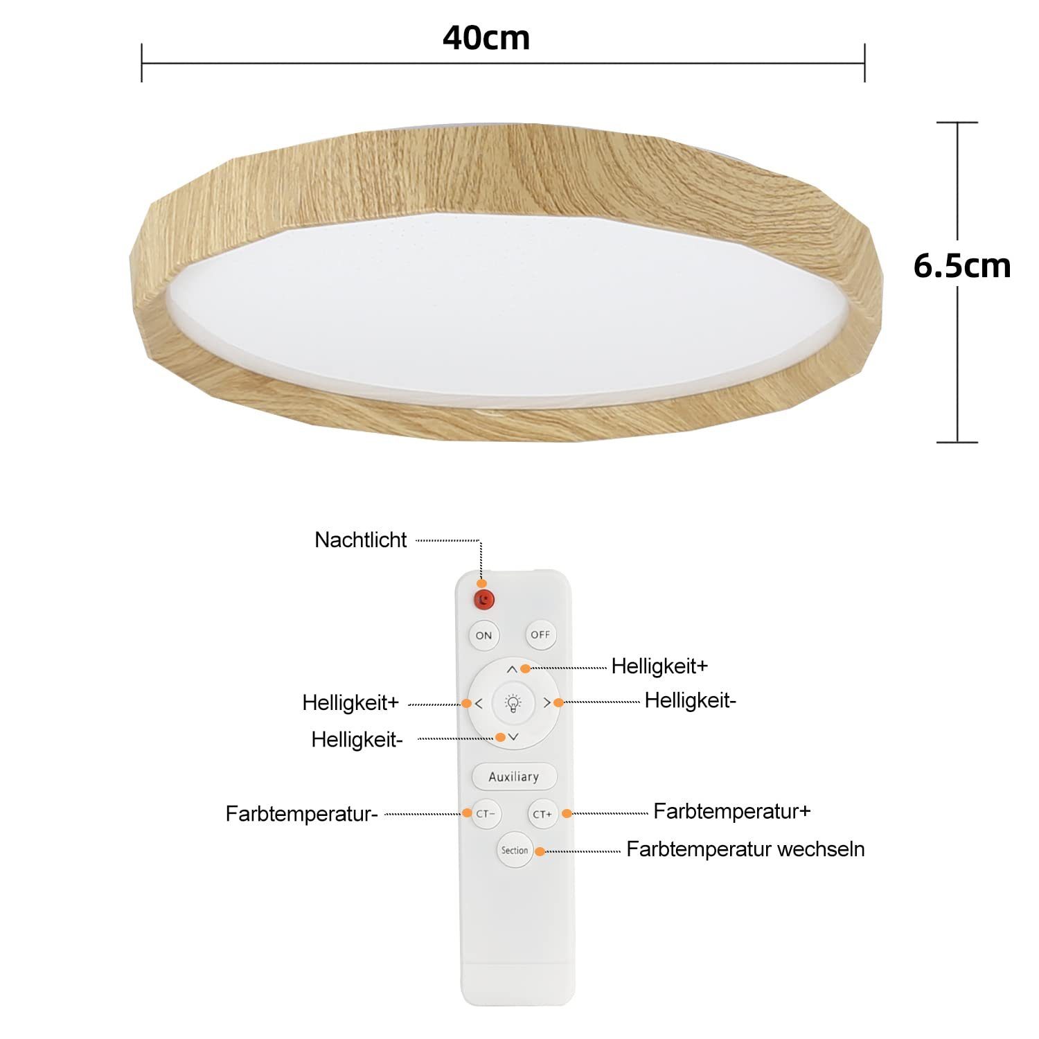 Sternenhimmel integriert, Ø40cm fest Helle LED ZMH LED Tageslichtweiß, Holzfarbe Dimmbar mit Fernbedienung, Deckenleuchte