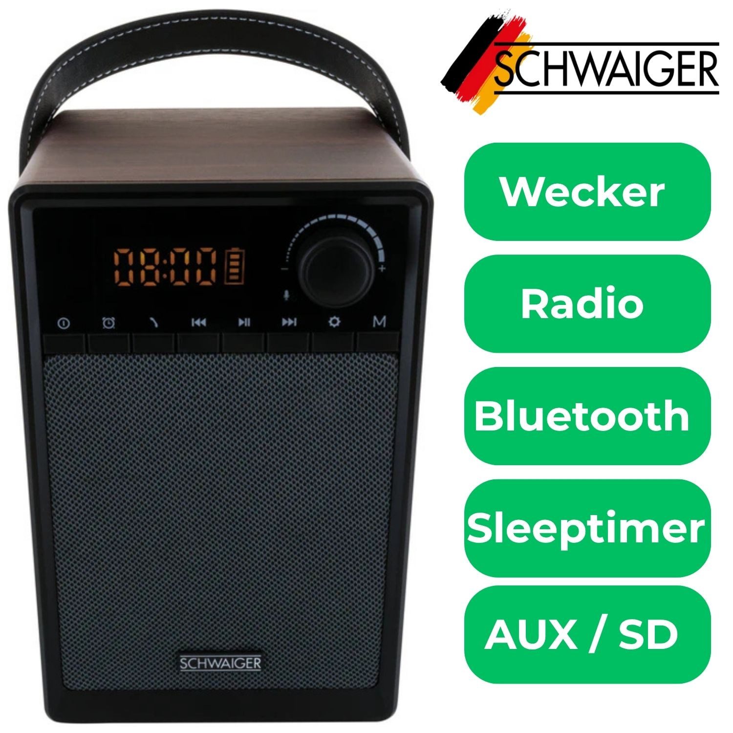 Schwaiger Radiowecker Radiowecker tragbar mit Bluetooth Lautsprecher Radio FM UKW AUX SD MP3-Player Wecker LED Display Sleep Sleeptimer – Bild 2 von 5