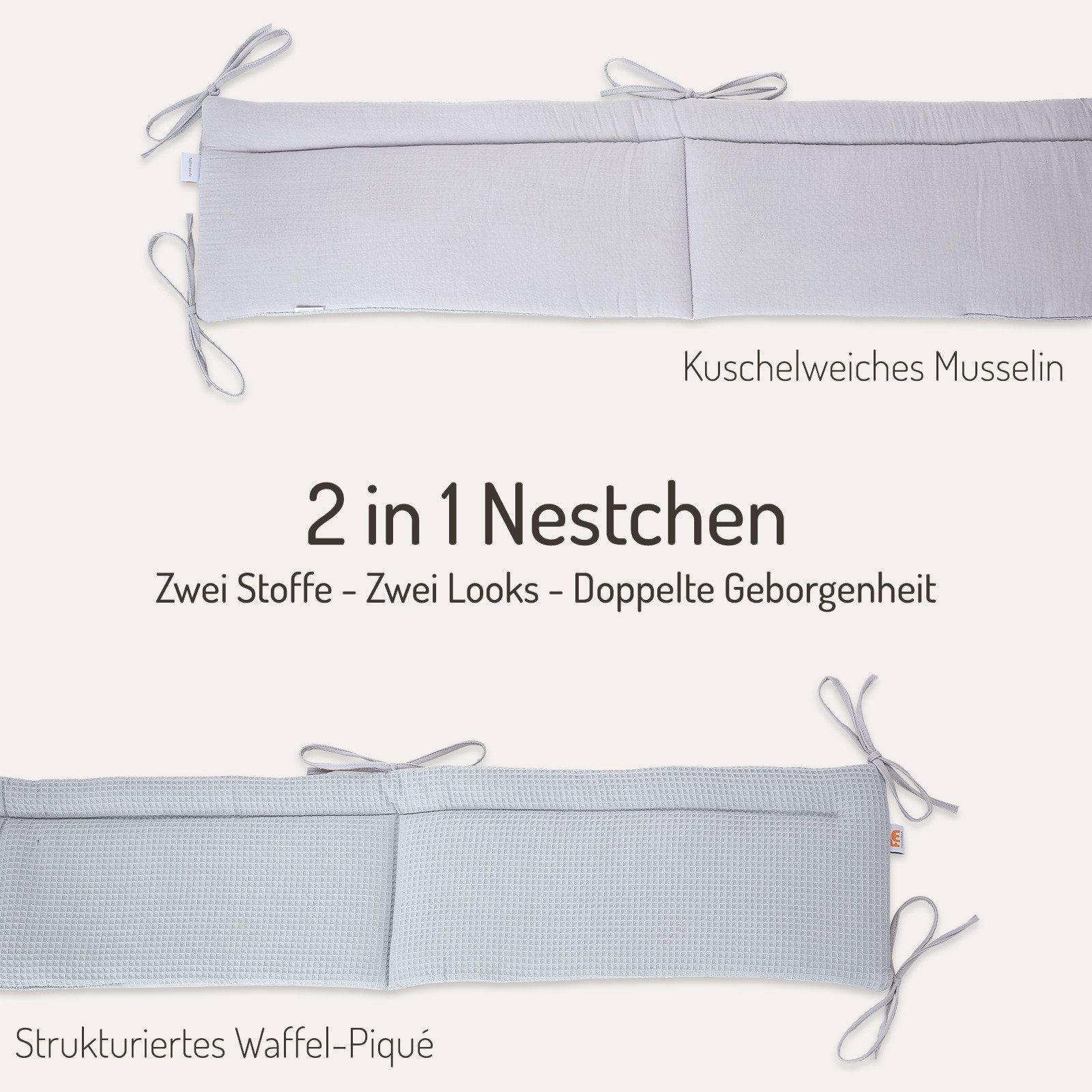 FabiMax Beistellbett Boxspring Fix Grau / Natur, mit 12cm Rausroll-Schutzgitter, Matratze und Netz-Nestchen
