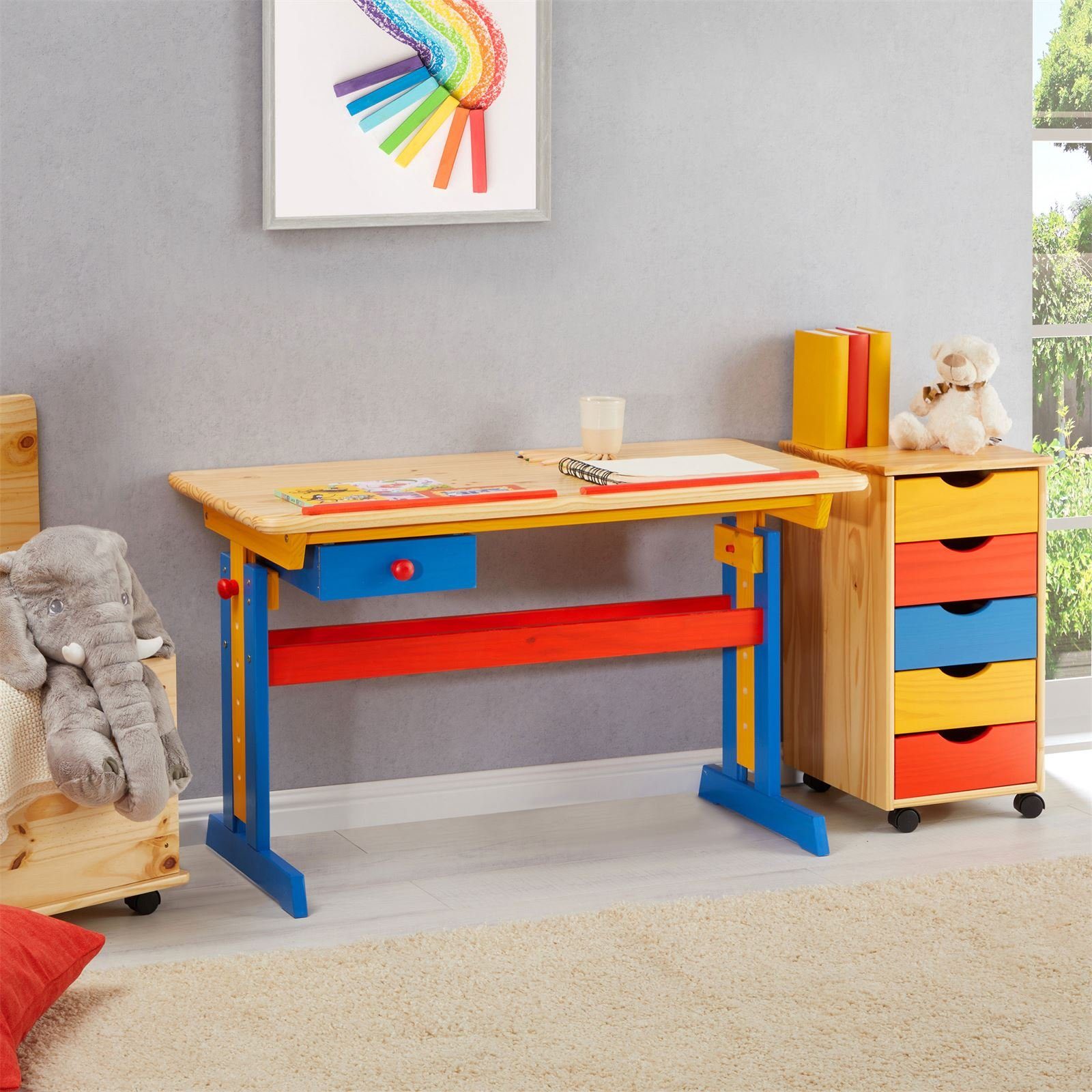 IDIMEX Kinderschreibtisch FLEXI, Kinderzimmer Lerntisch höhenverstellbar aus Massivholz Bunt