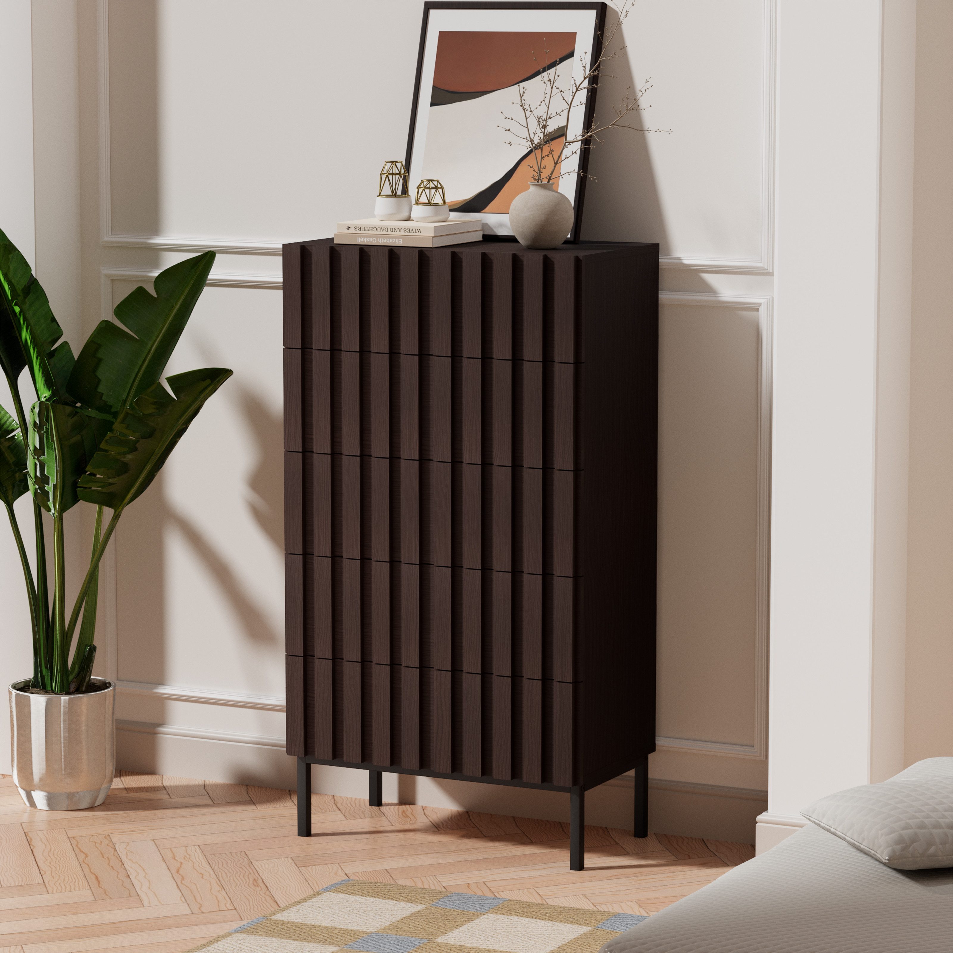 UEV Kommode schmal mit 4/5 Schublanden Sideboard Beistellschrank Buffet (Aufbewahrungskommode, Mehrzweckschrank aus Holz(Natur/Schwarz/Dunkelbraun), Schrank für Wohnzimmer,Schlafzimmer,Flur
