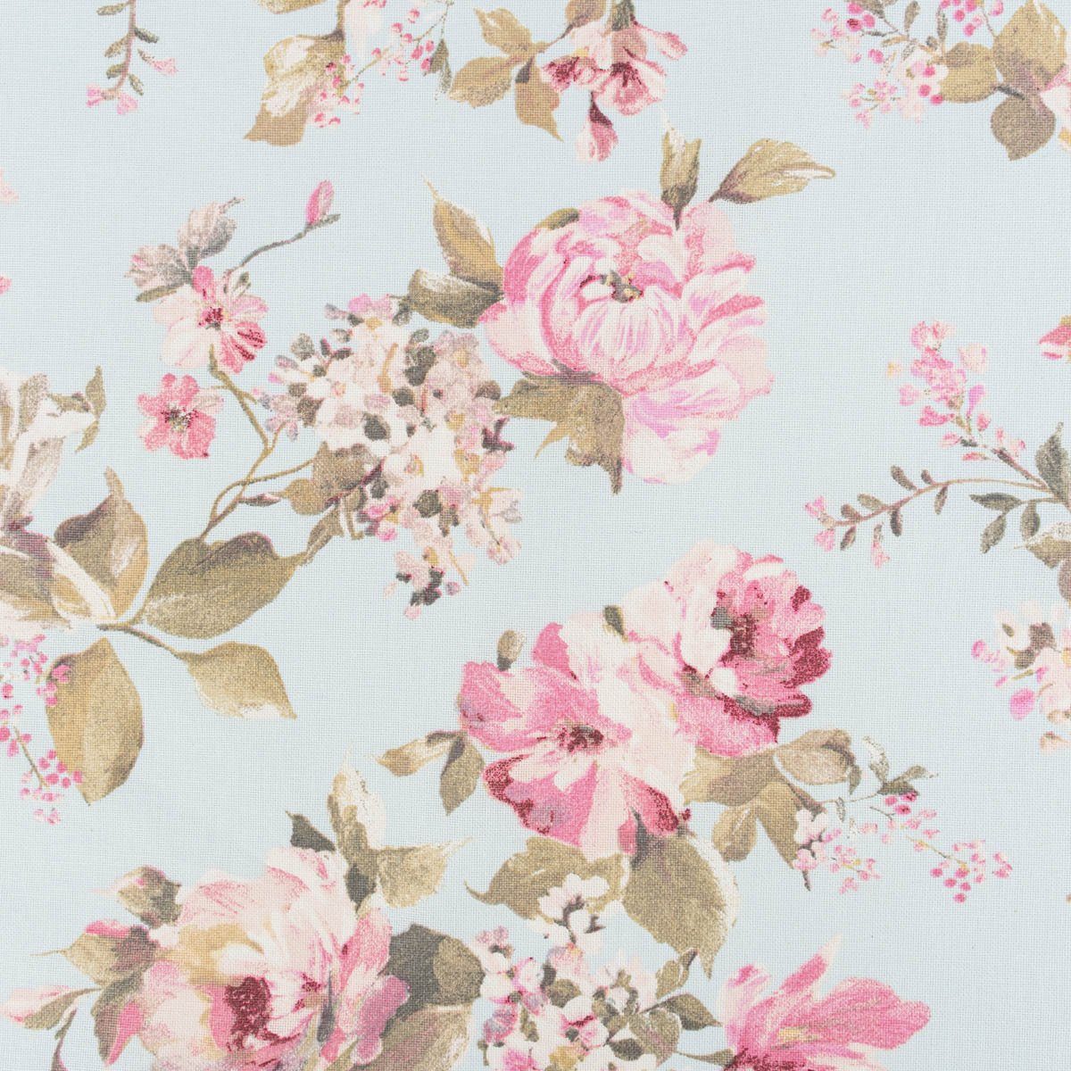 SCHÖNER LEBEN. Stoff Dekostoff Meterware Classic Painted Rose Allover hellblau rosa 1,40m, atmungsaktiv