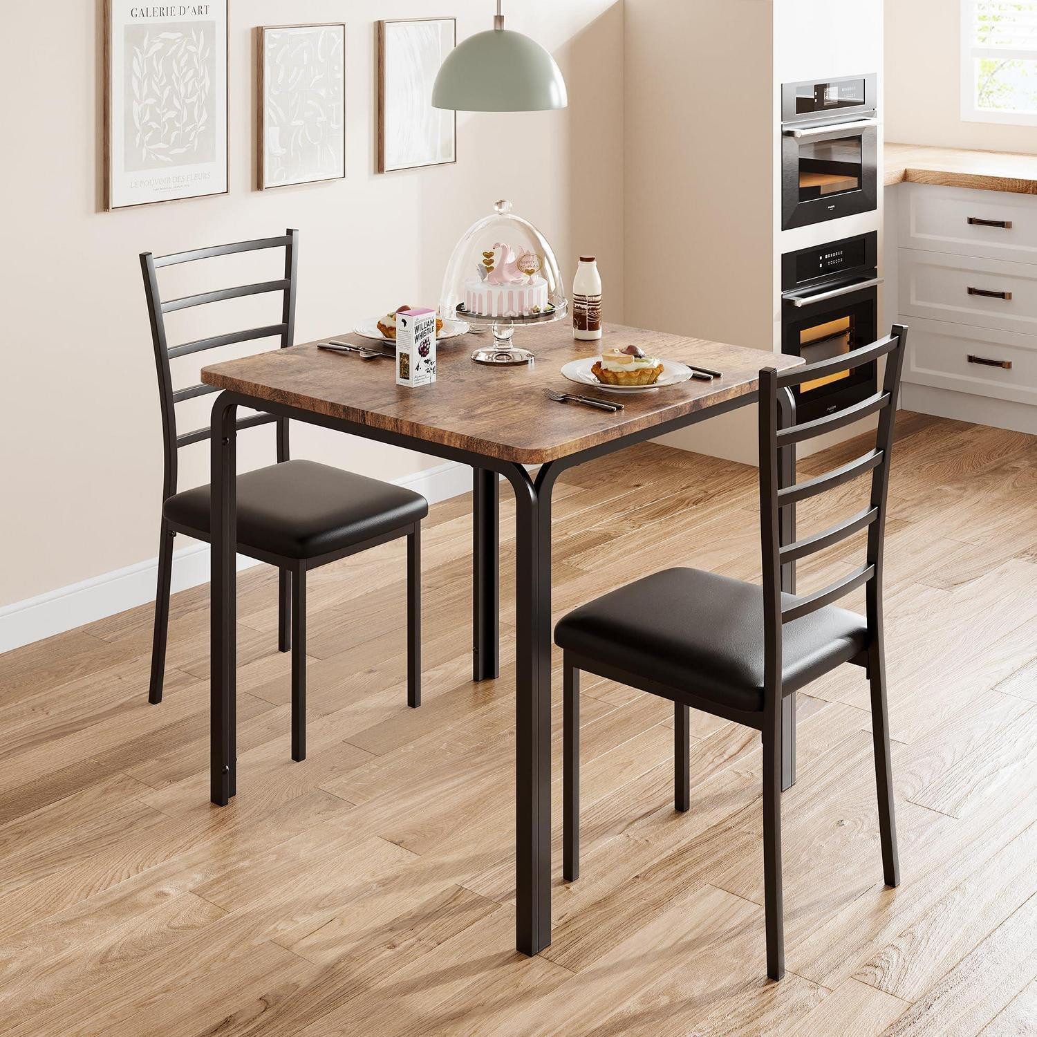 LuxusKollektion Küchentisch Küchentisch-Set quadratisch Metall Holz 2 gepolsterte Stühle Retro (1-St)