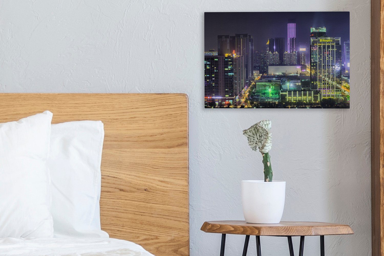 30x20 cm Leinwandbilder, Metropole Wandbild der Shenyang Leinwandbild Skyline am St), Aufhängefertig, Abend, OneMillionCanvasses® (1 Wanddeko,