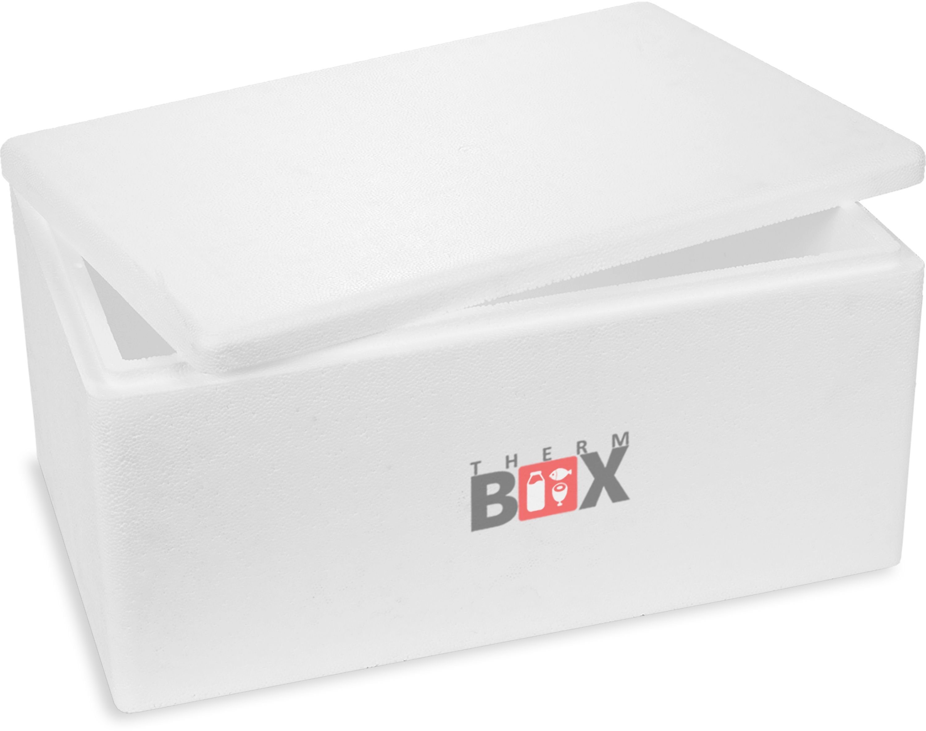THERM-BOX Thermobehälter Styroporbox 28W Innen: 49x29,5x20cm 28,91 Liter Wiederverwendbar, Styropor-Verdichtet, (0-tlg., Box mit Deckel im Karton), Thermobox für Essen & Getränke Kühlbox Warmhaltebox