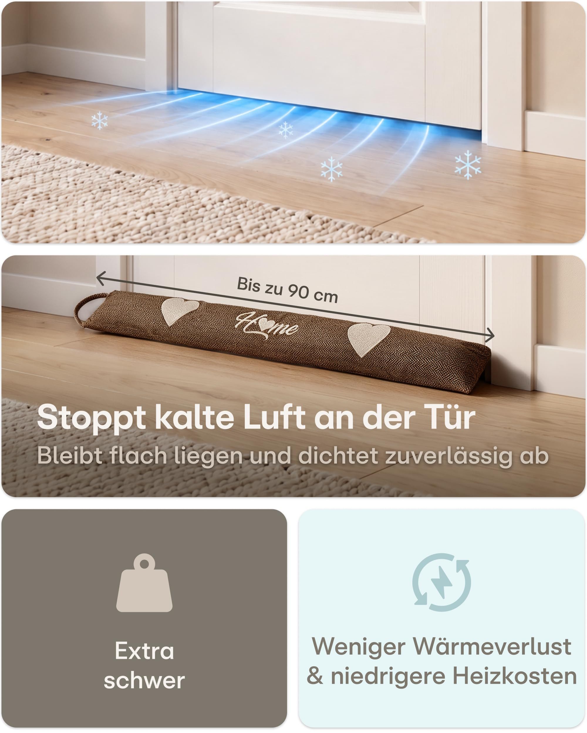 Praknu Zugluftstopper Zugluftstopper 90cm - Waschbarer Bezug - Energiesparend - Extra, Zugluftstopper 90 cm, 1-tlg., Zugluftstopper 90 cm mit waschbarem Bezug, energiesparend, Energiesparend, Extra Schwer, Ohne Bohren, Mit Aufhängeschlaufe