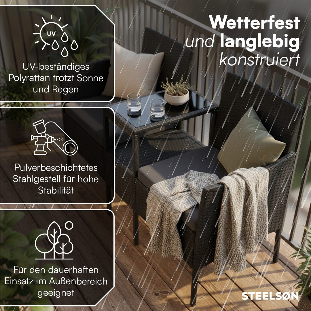 STEELSØN Balkonset Velara 2er Sofa mit Mitteltisch & Sitzpolstern, (schwarz/anthrazit), Rattan Gartenbank, stabiles Stahlgestell, wetterfest & pfegeleicht
