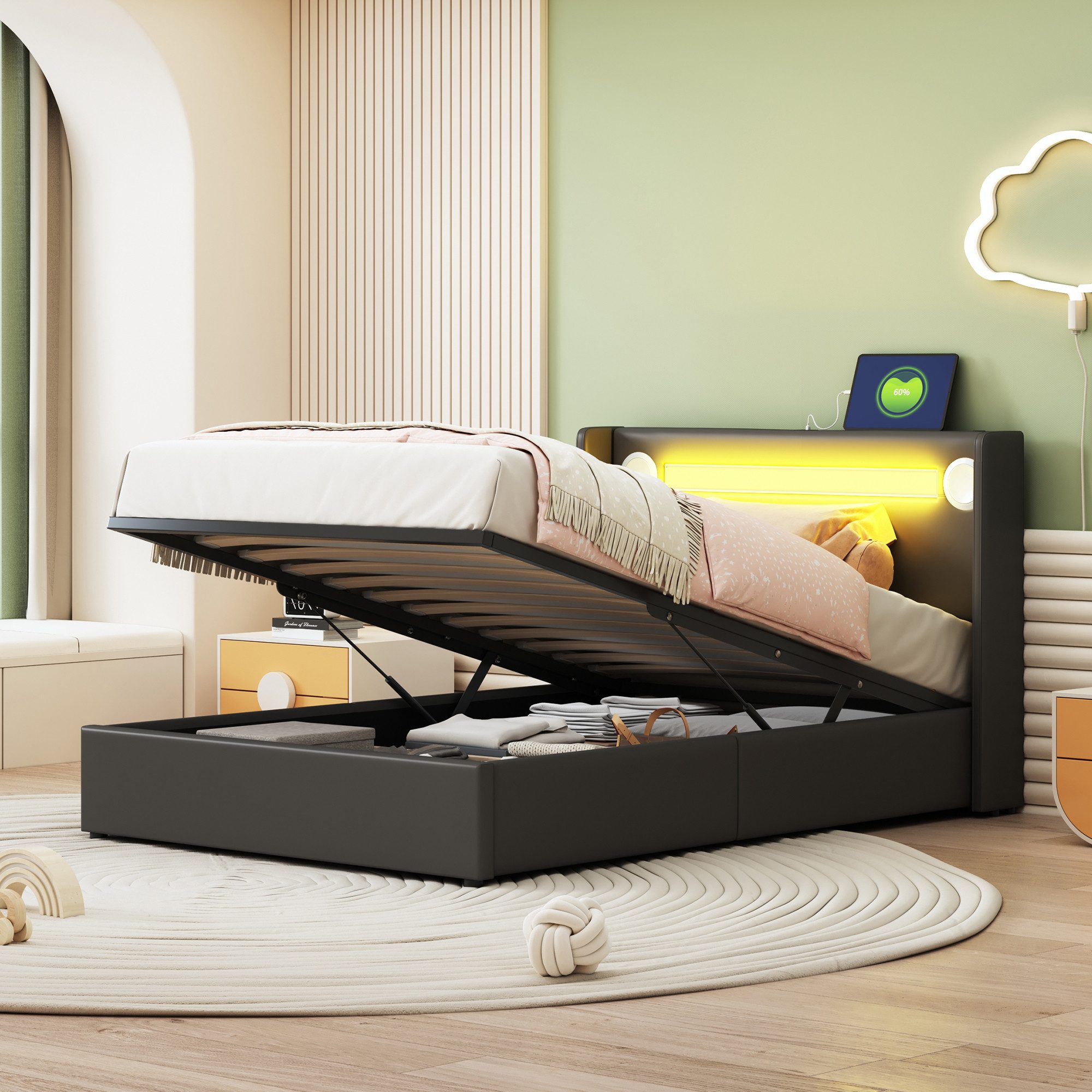 Flieks Polsterbett, LED Beleuchtung/Bluetooth/USB-Aufladen Einzelbett 90x20 günstig online kaufen