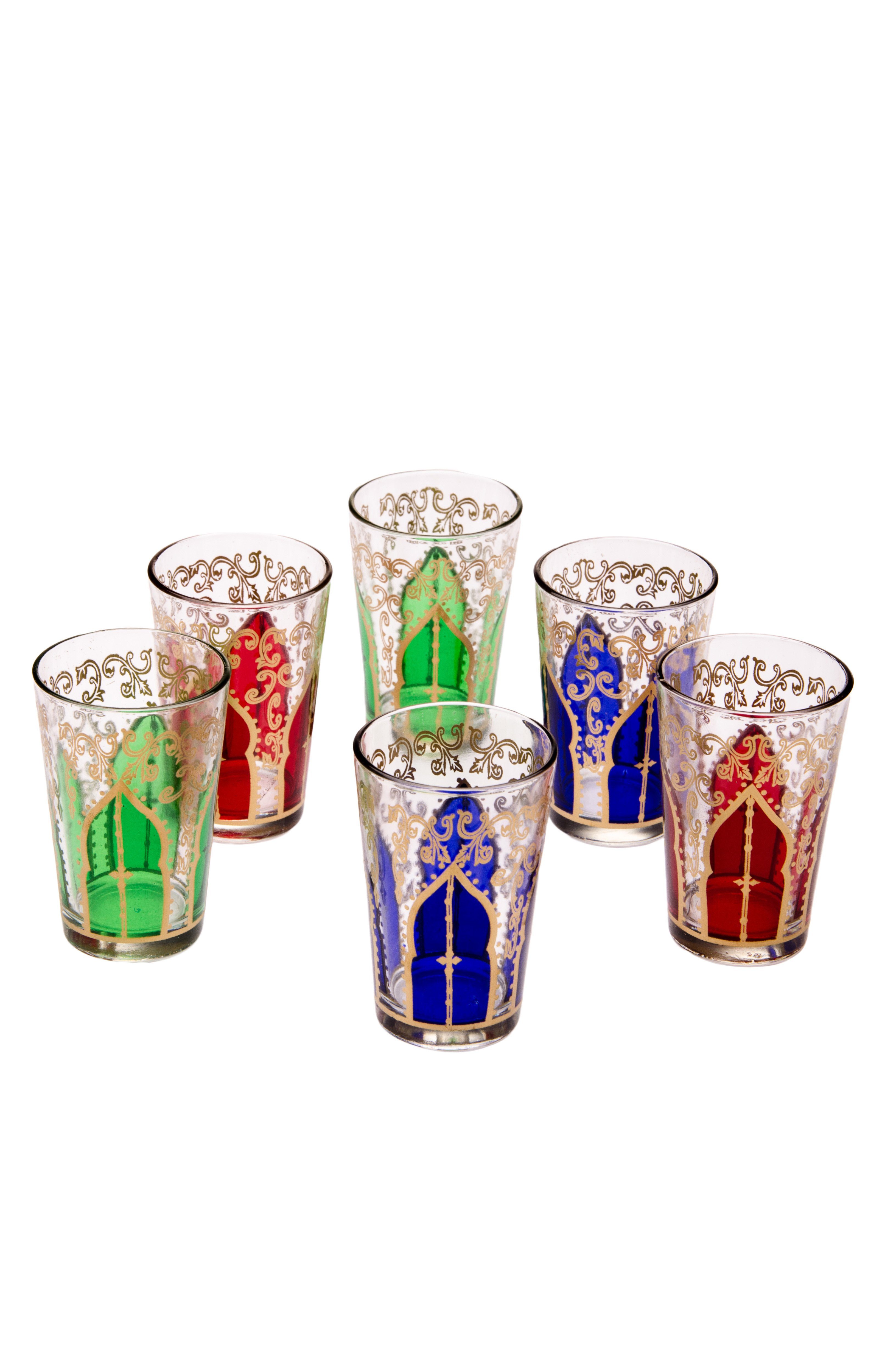 Marrakesch Orient & Mediterran Interior Teeglas Orientalische verzierte Teegläser Set 6 Gläser Babnour bunt Gold, Marokkanische Tee Gläser 6 Farben Deko orientalisch, 6 x Orientalisches Marokkanisches Teeglas verziert, verschiedene Muster