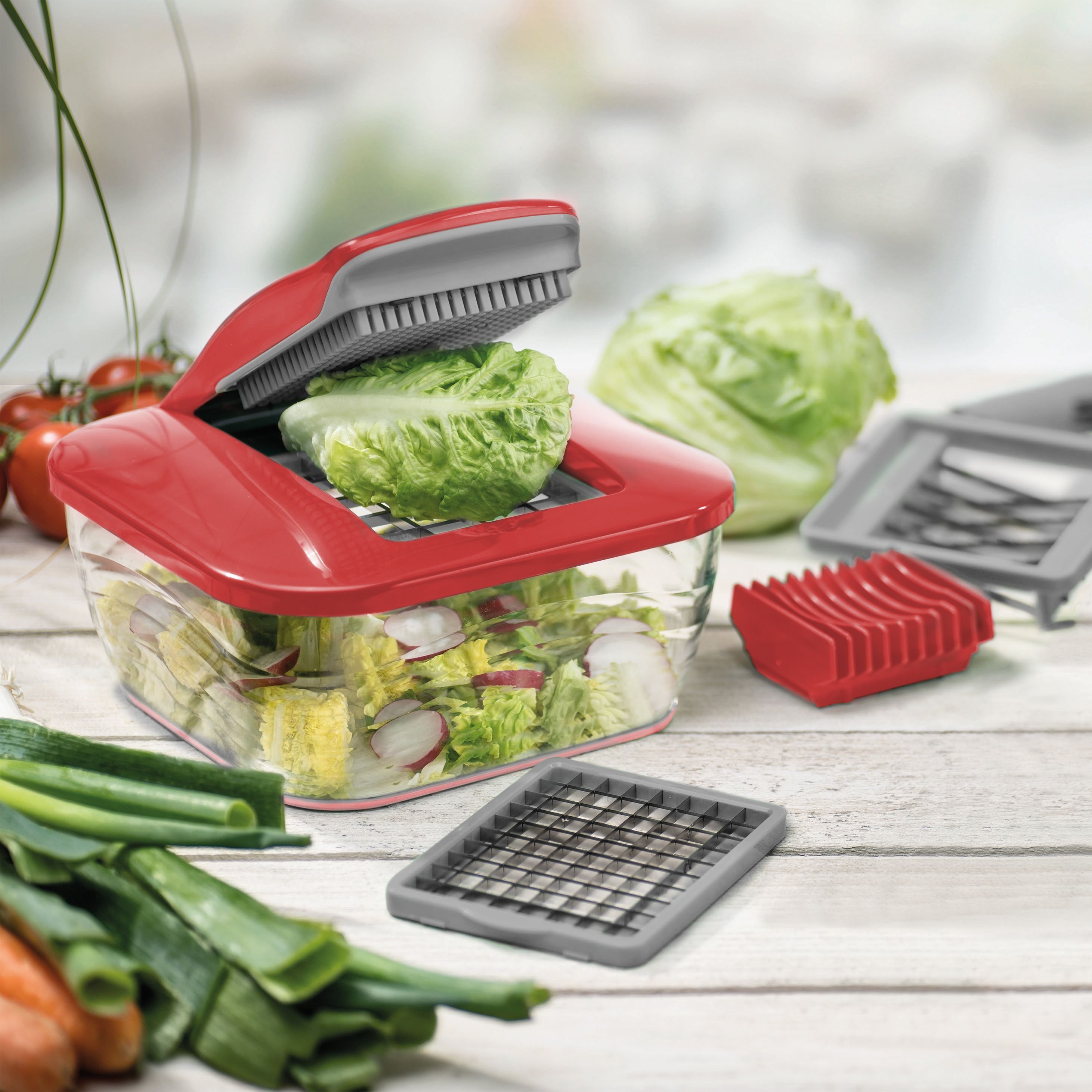 Genius Küchenreibe Genius Gemüseschneider Gemüsehobel Nicer Dicer Chef 15 tlg. Rot, Edelstahl, Kunststoff