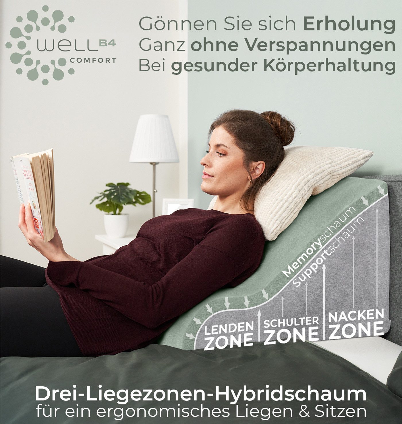 Well B4 Keilkissen Lesekissen für Bett und Sofa – Bequemes Rückenkissen mit Memory Foam, Verwendbar als Reflux Kissen, Keilkissen Bett, Bettkissen Rückenlehne im Sitzen und Liegen