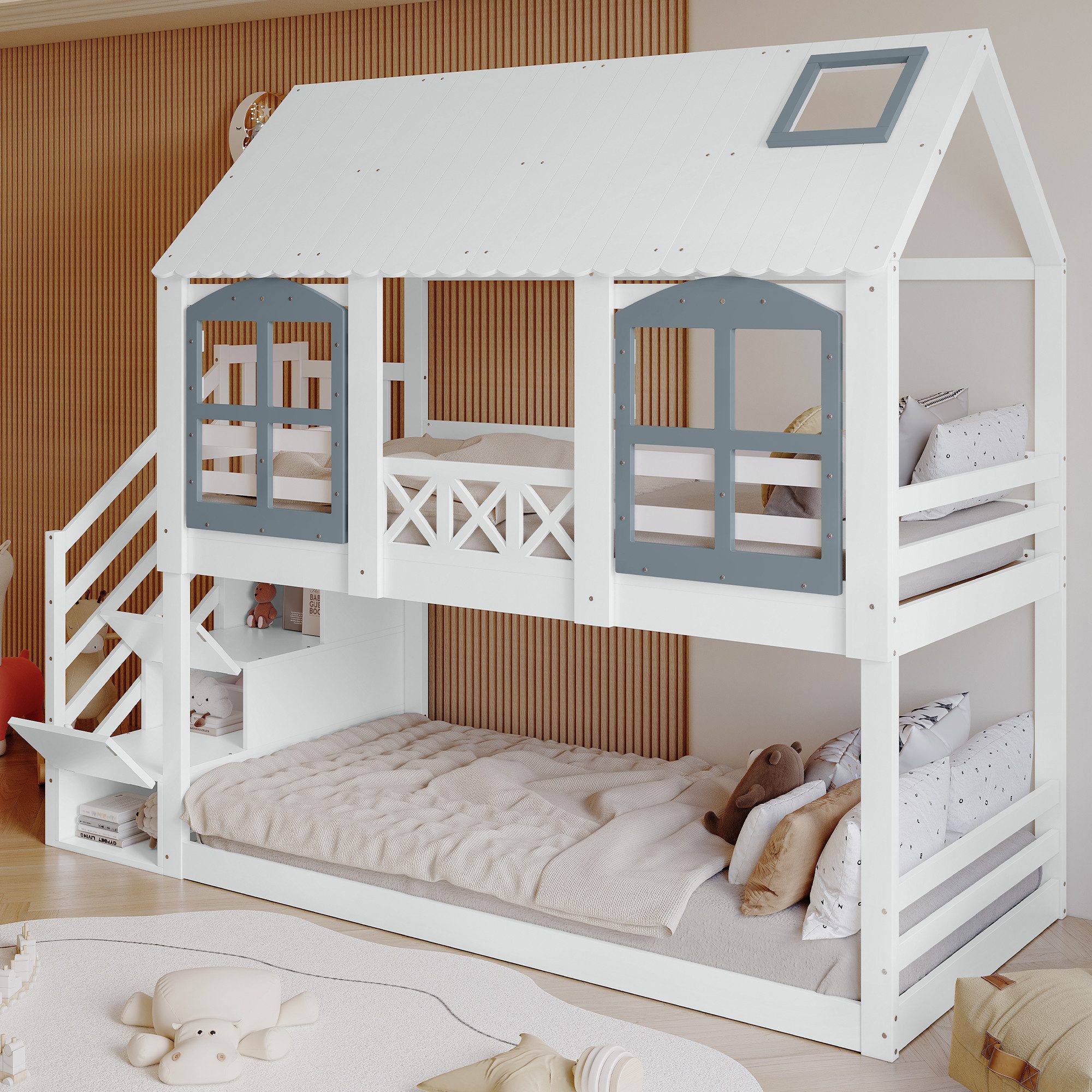 Flieks Etagenbett, Kinderbett 90x200cm mit Stauraumtreppe, Fallschutz, Dach und Fenster