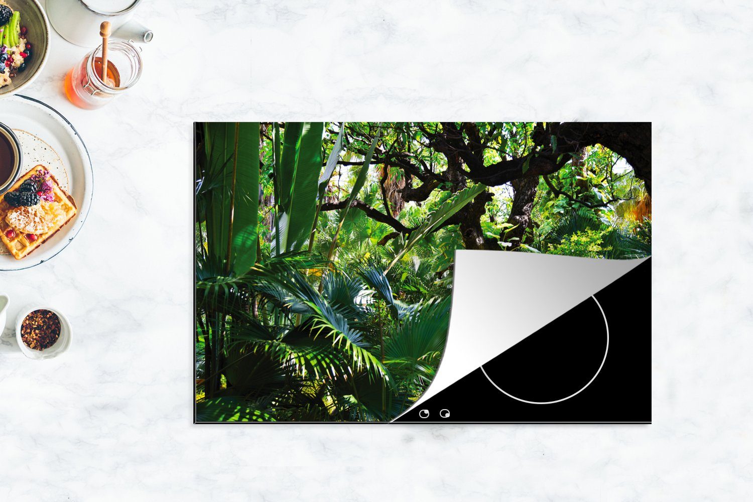 Muster (1 in Blättern küche, tlg), Bäumen Schutz von Vinyl, 81x52 Induktionskochfeld und Regenwald, cm, Ceranfeldabdeckung einem MuchoWow für Herdblende-/Abdeckplatte die Schöne