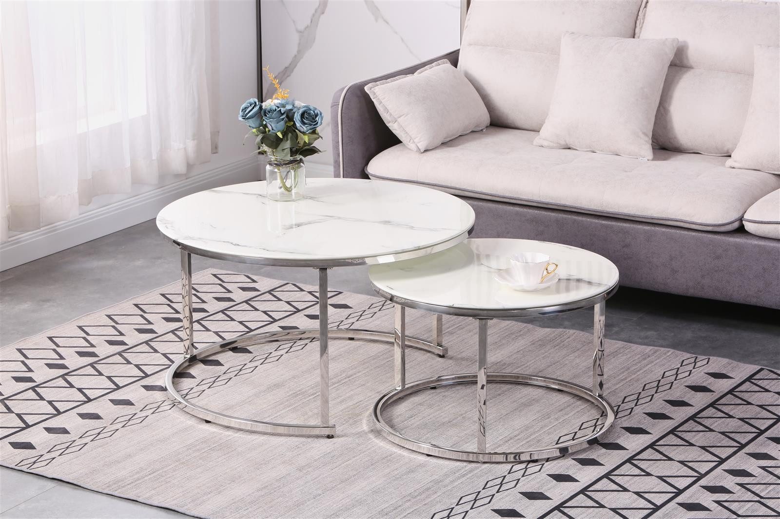 HOOZ Couchtisch Couchitsch 2er Set Rund Chrom Marmor weiß (Wohnzimmertisch, günstig online kaufen