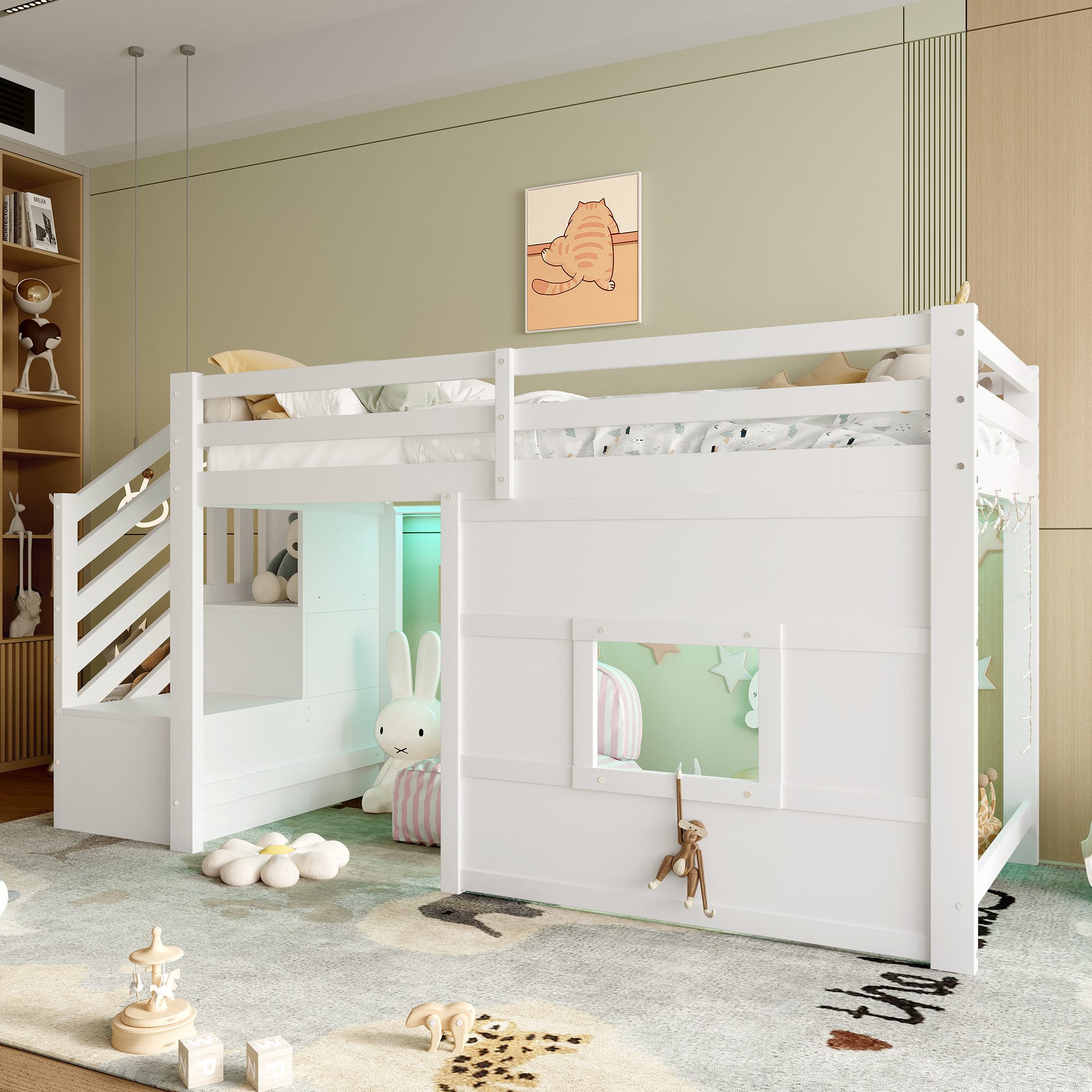 OKWISH Hochbett Kinderbett,Funktionsbett,Einzelbett (90x200 Hochbett mit Stauraumtreppe, Fenster & LED-Beleuchtung – Weiß, stabiler Kiefernholzrahmen, ideal für Kinderzimmer, platzsparend mit integriertem Stauraum, 1-St) mit Stauraumtreppe und Fenster