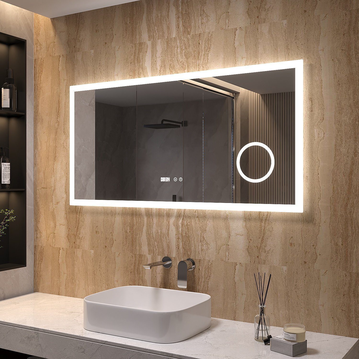 AQUABATOS Badspiegel LED Badezimmerspiegel mit Beleuchtung 100 / 120 cm Bad Antibeschlag (100 x 70 cm / 120 x 60 cm Bad Wandspiegel mit licht Abgerundete Ecken / Scharfe Ecken), Badspiegel mit 3-Fach Vergrößerung, Digital Uhr, Dimmbar,Touchschalter