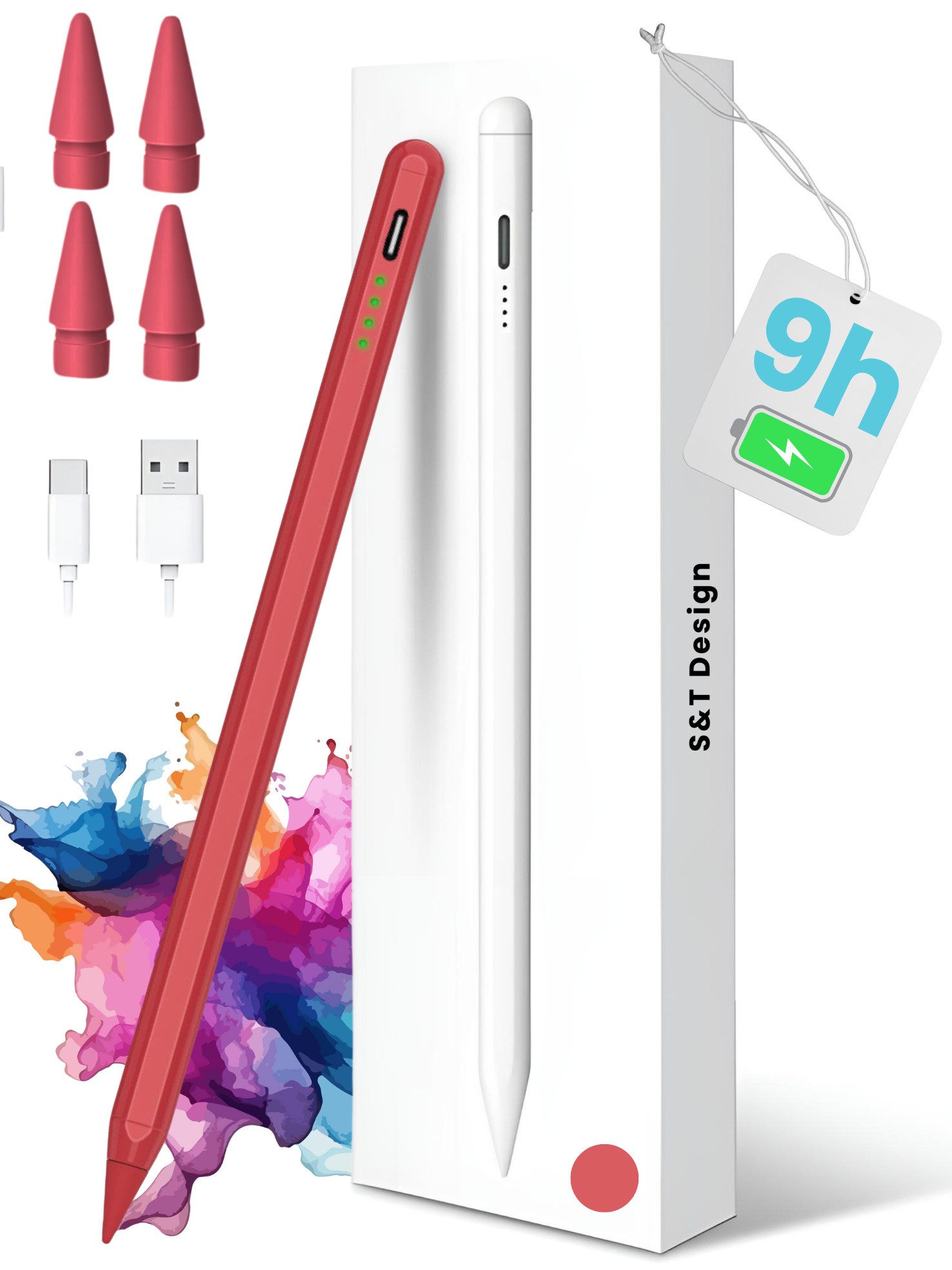 S&T Design Eingabestift Stift für iPad USB-C (2018-2024) Schnellladen für Apple iPads (2018-2024), mit 4x iPad Stift Spitzen) Tabletstift Stylus Pencil 2. Generation Pen USB-C