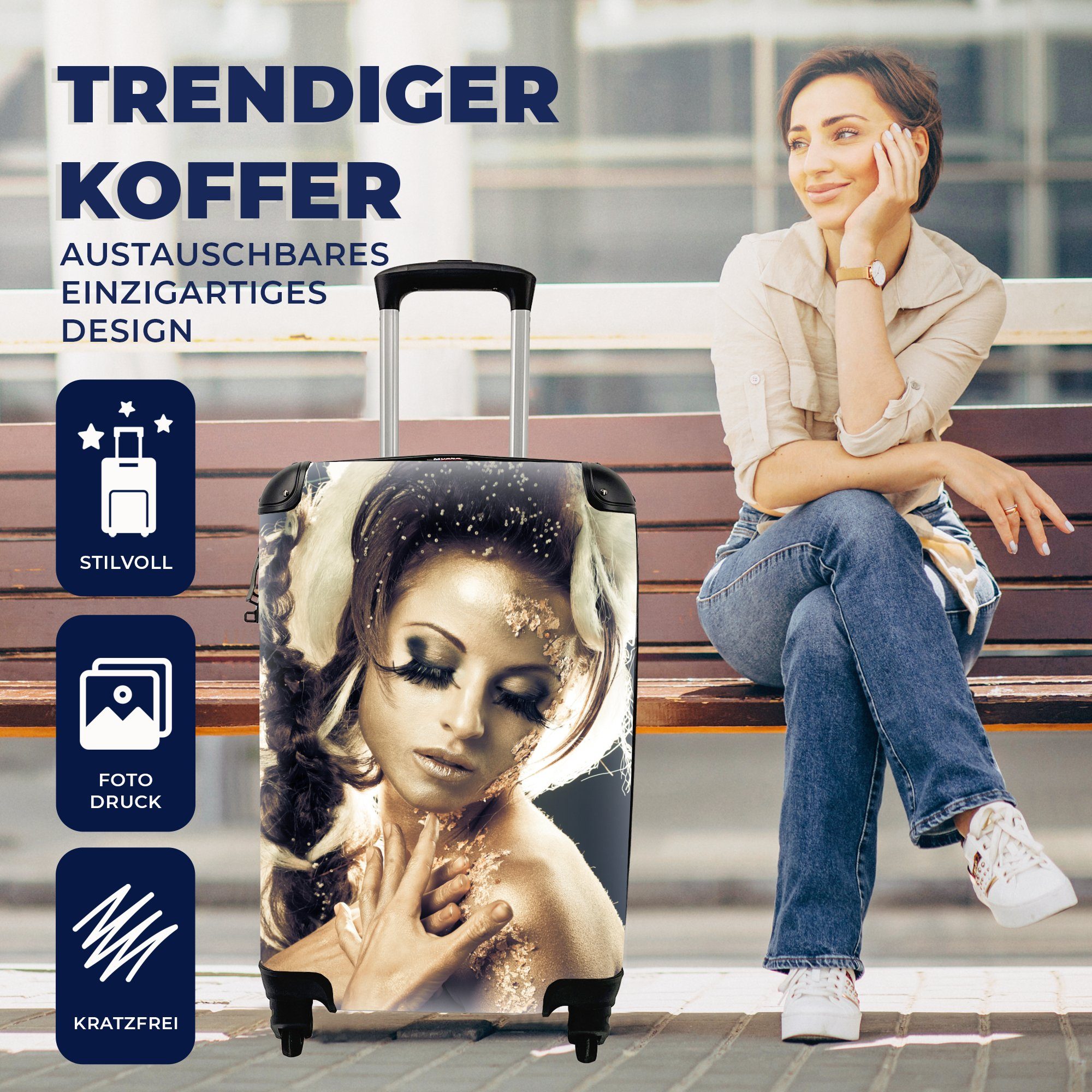 Reisetasche Trolley, MuchoWow Haar, rollen, Gold für Reisekoffer Frau 4 Rollen, mit - Handgepäckkoffer - Ferien, Handgepäck