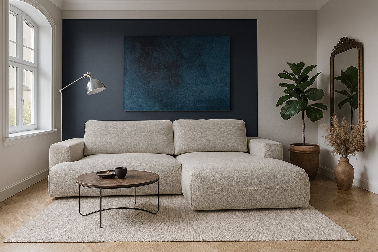 KS Home Concept Ecksofa LUNA L mit Schlaffunktion und Bettkasten, breite Armlehnen, Beige, Eckcouch mit Stauraum, schnelle Ausklappung, Füße 1,5 cm