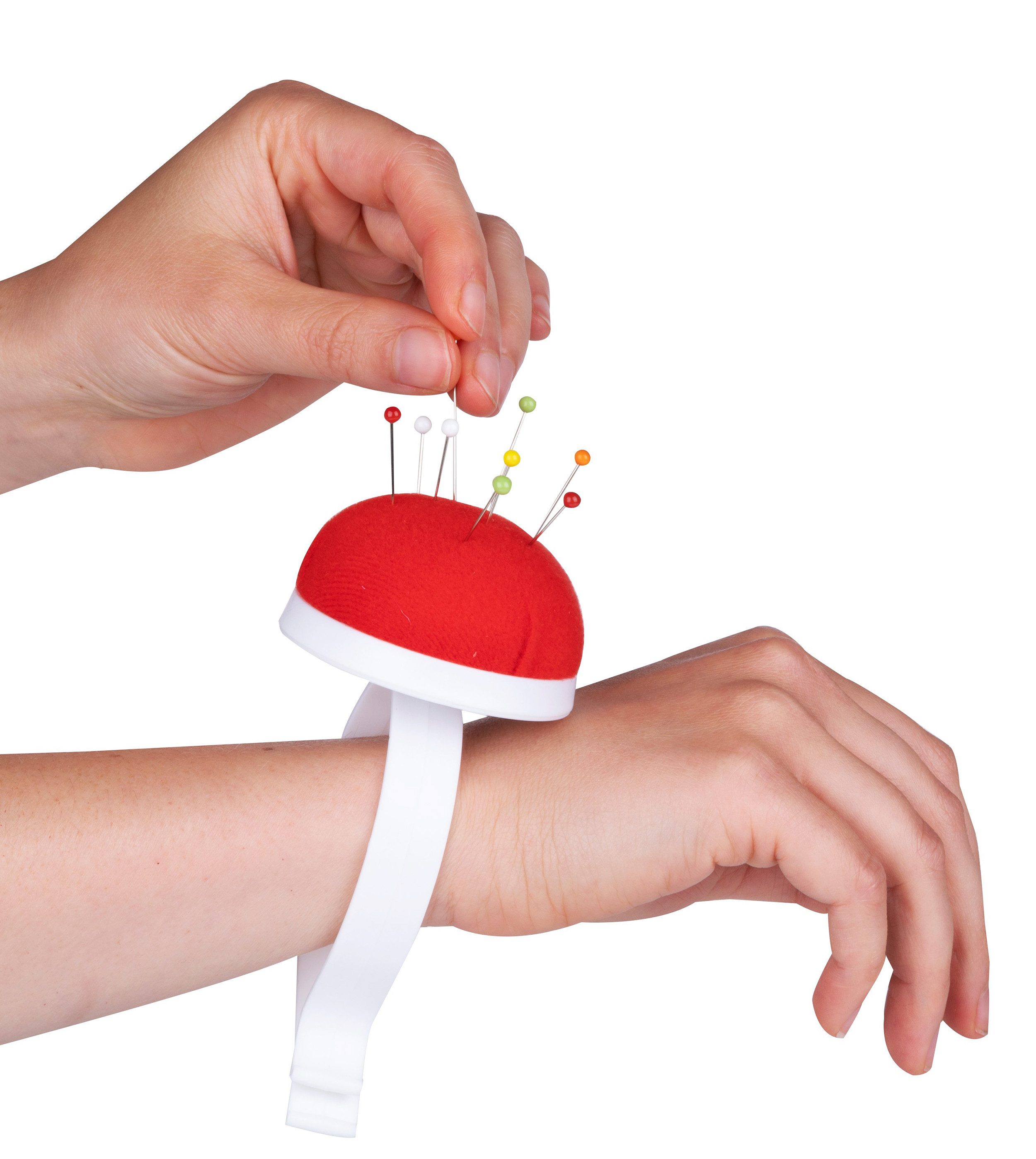 EDCO Stecknadeln NADELKISSEN Rot mit Armhalter + 100 bunten Stecknadeln Nadeln 82, Armnadelkissen Steckkissen