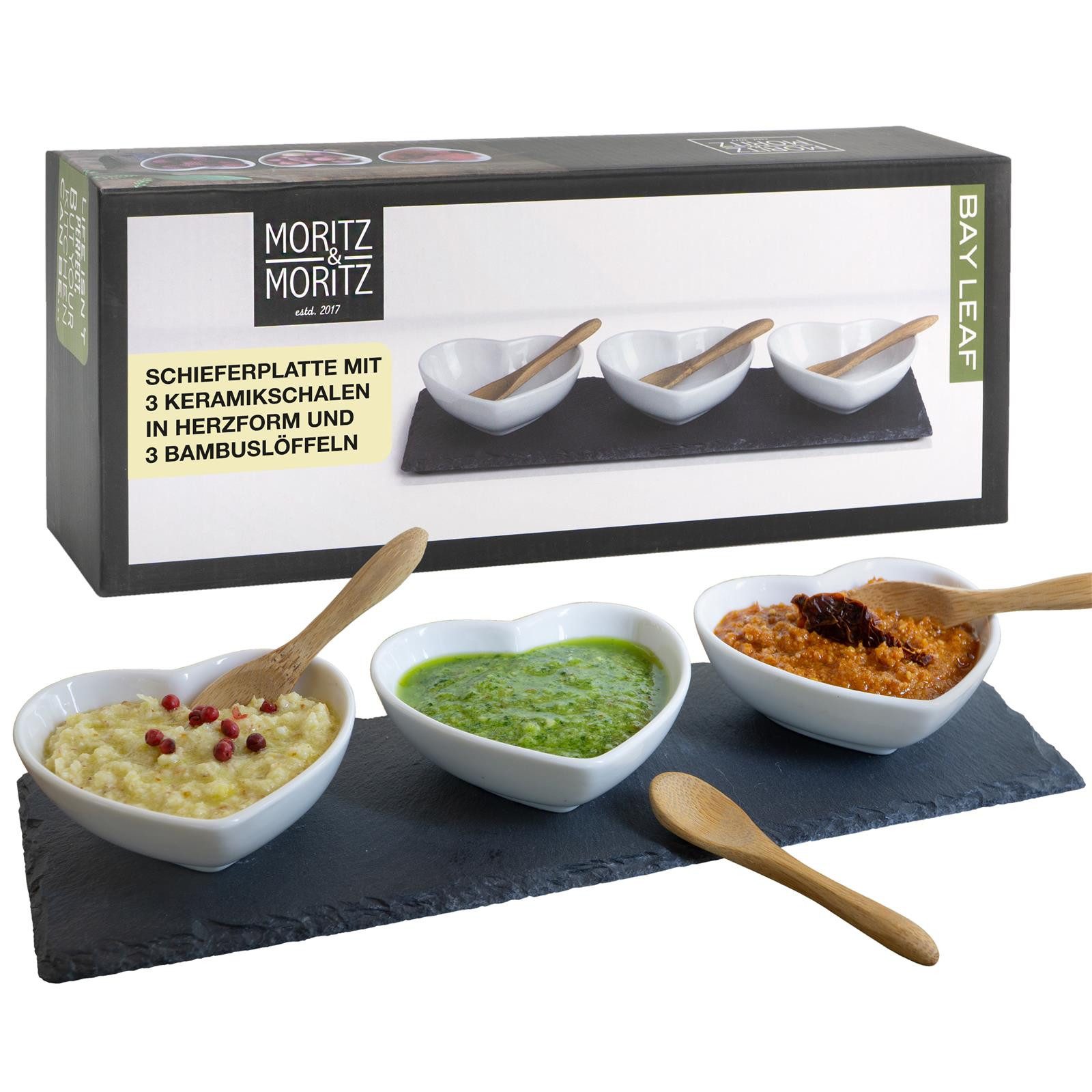 Moritz & Moritz Servierplatte Herz Dipschalen Set mit Schieferplatte Bay Leaf, Keramik, (Set, 7-tlg., 7- teiliges Set), Herzliche Motive, Hochwertiges Keramik, Schieferplatte