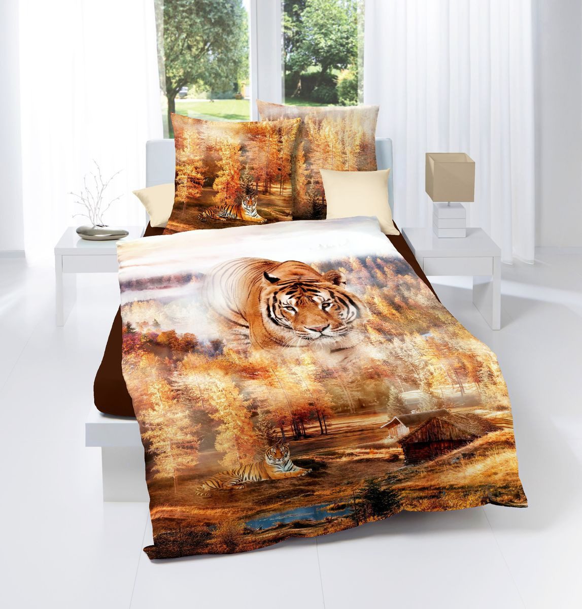 JACK Bettwäsche Tiger Raubkatze Wald Kaeppel, Satin, 2 teilig, hochwertiger Digitaldruck mit einem eleganten Tigermotiv, Baumwolle