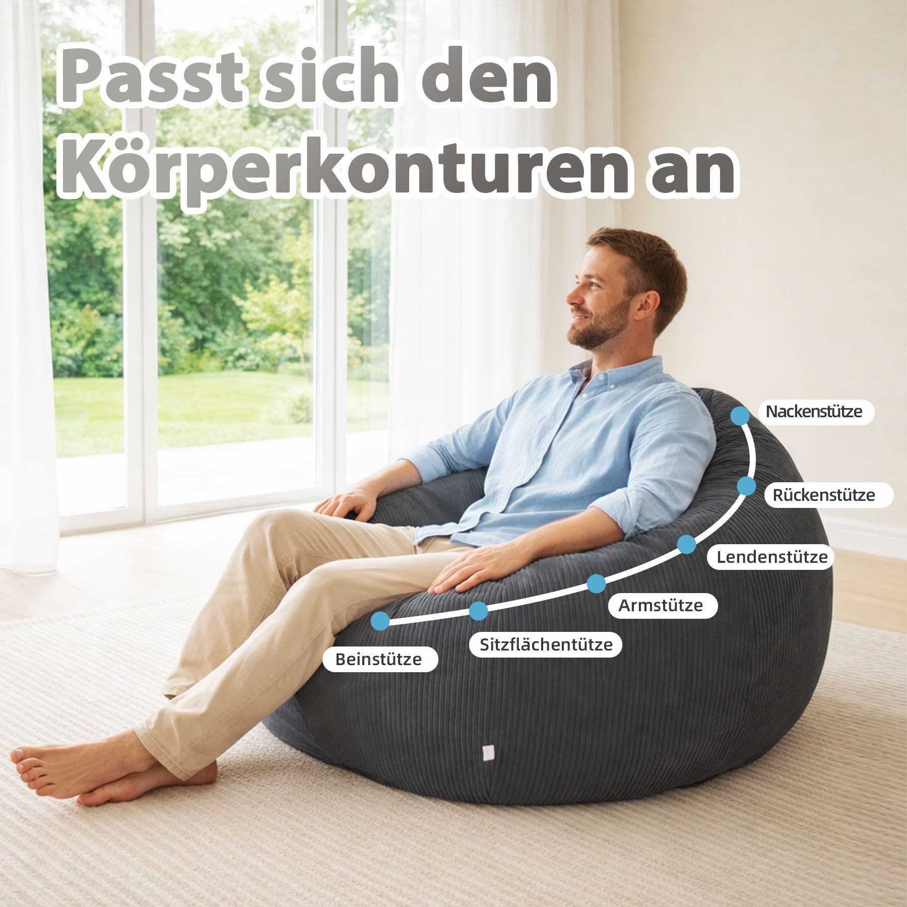 HomeMiYN Sitzsack Rund Sitzsack XXL aus Cord weiches Sofa für Wohnzimmer – Bild 2 von 5