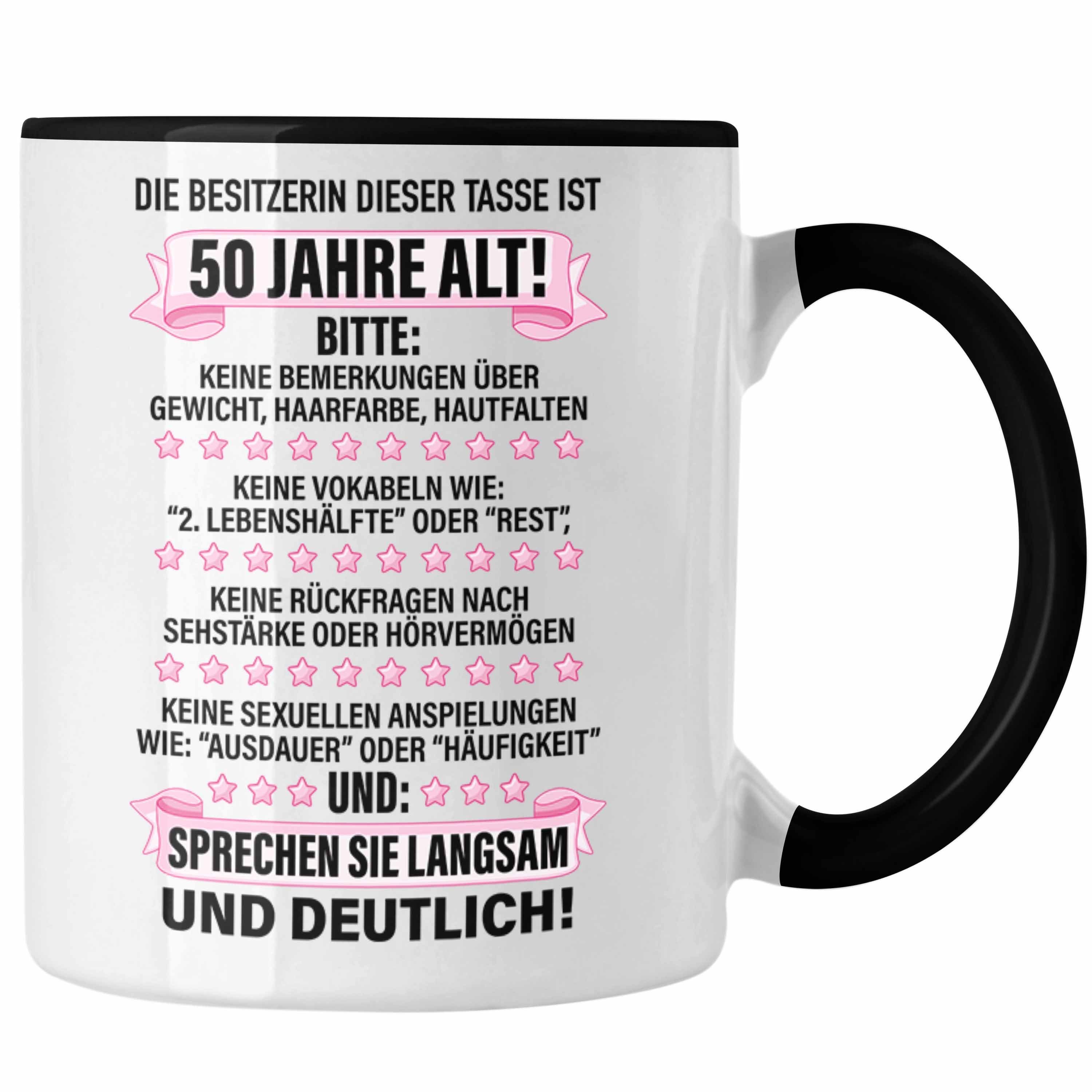 Trendation Tasse Trendation - 50. Geburtstag Frauen Tasse Geschenk Geschenkidee 50er Geburtstag Spruch Perfektion Mama Mutter Lustiger Spruch Witzig Schwarz