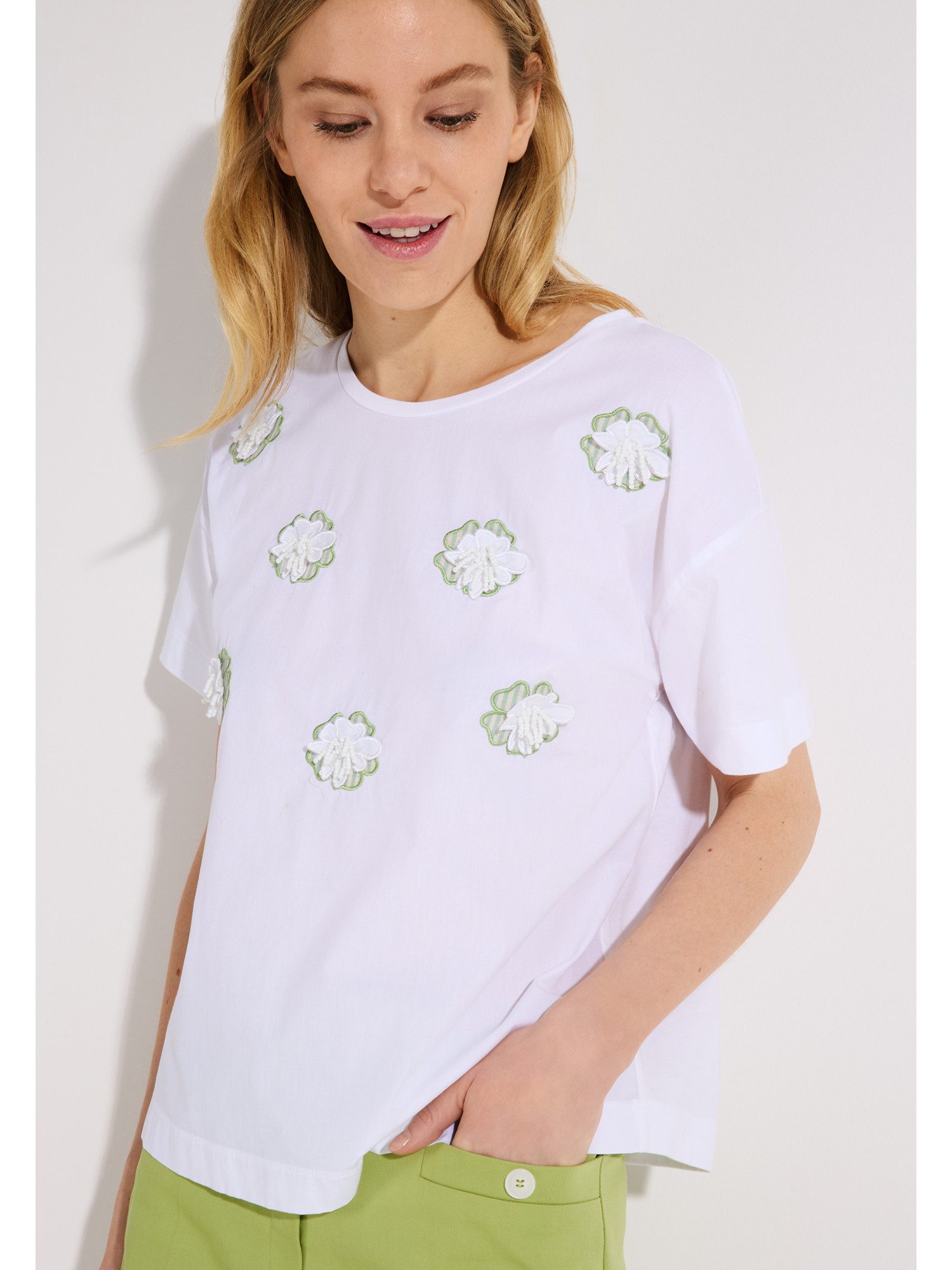 MORE&MORE Kurzarmshirt feminines Boxy-Materialmix-Shirt günstig online kaufen