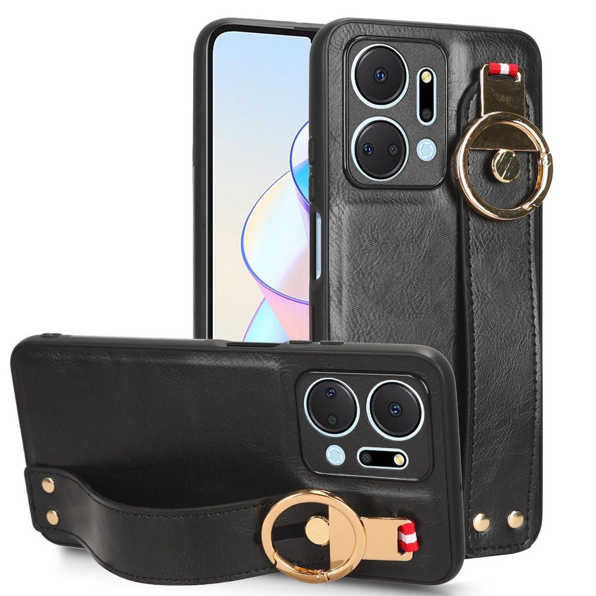 Wigento Smartphone-Hülle Für Honor X7A Handy Tasche Hülle mit Armbandhalterung und Ringalterung