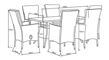 KONIFERA Garten-Essgruppe Belluno, (Set, 13-tlg., 6x Sessel, Tisch 150x80x 71,5 cm, Polyrattan, inkl. Auflagen), 2 der 6 Sessel stufenlos verstellbar, Stauraum unter dem Tisch, Grau