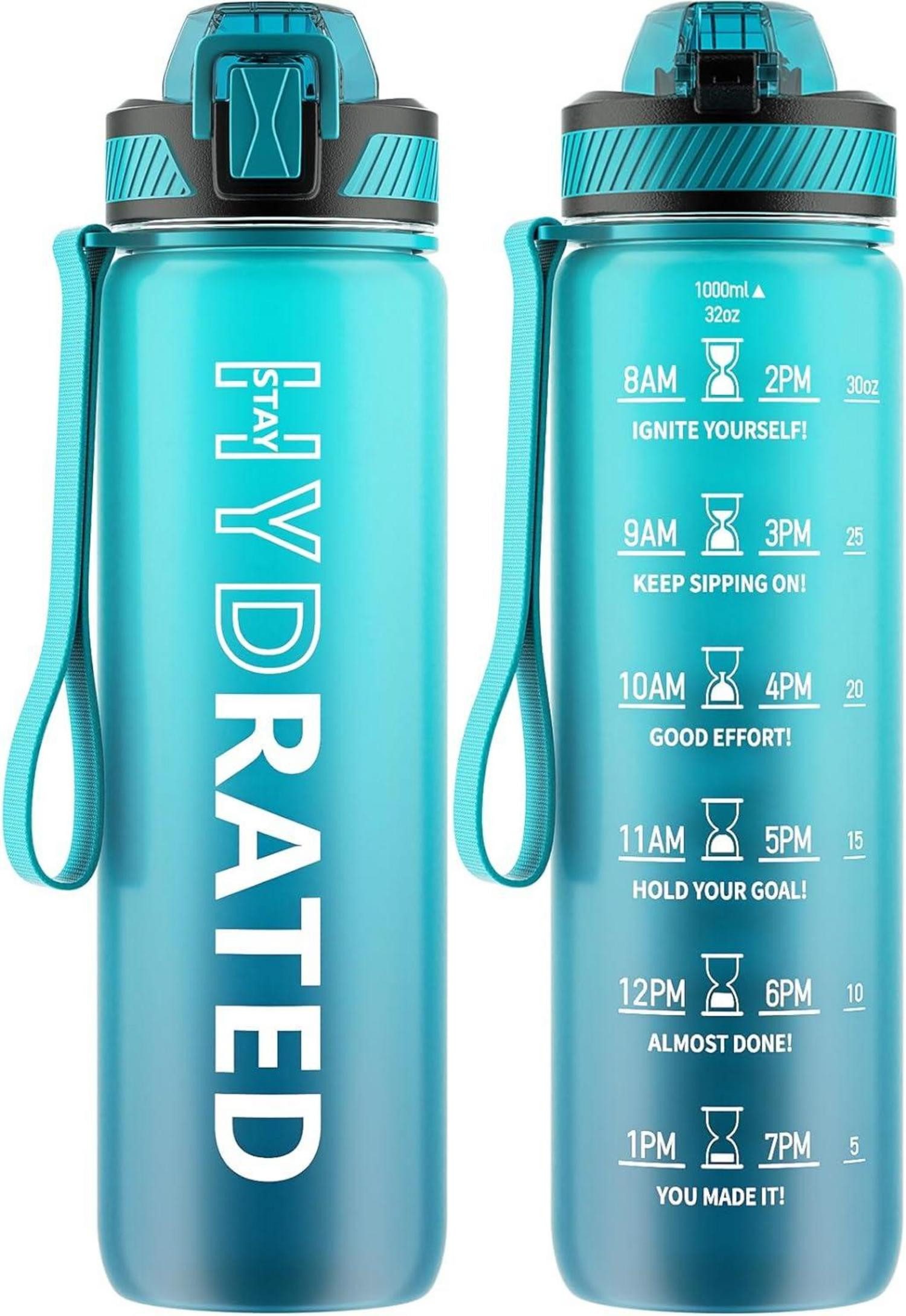 Becher Trinkflasche 1L BPA-Frei Tritan Sport Strohhalm Zeitmarkierung