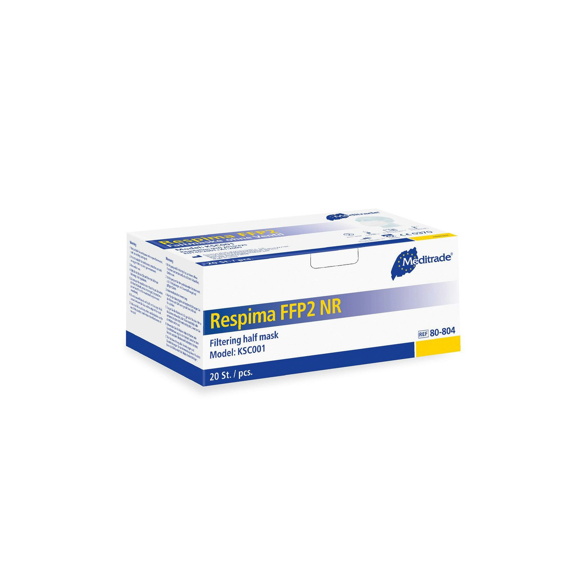 MediTrade Filtrierende Halbmasken FFP2 Respima - Atemschutzmasken FFP2 - mit Ohrschlaufen, ohne Filter, 20-St.