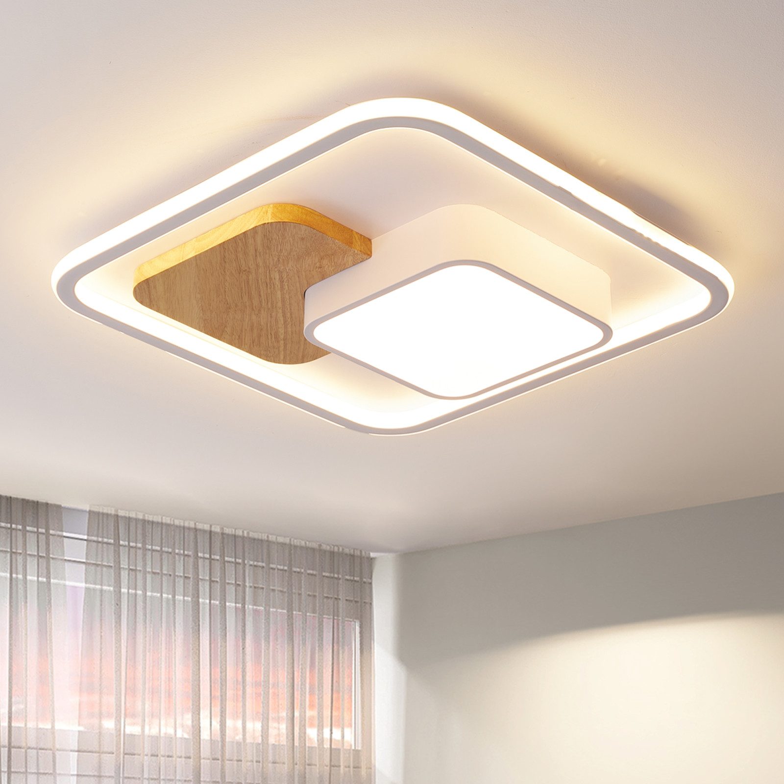 style home LED Deckenleuchte Modern Deckenlampe für Wohnzimmer Schlafzimmer, 93W-Dimmabr 3000-6000K, LED fest integriert, warmweiß bis kaltweiß dimmbar mit Fernbedienung, Quadatische Lampe, 93W 52*52*8,5cm, Holz