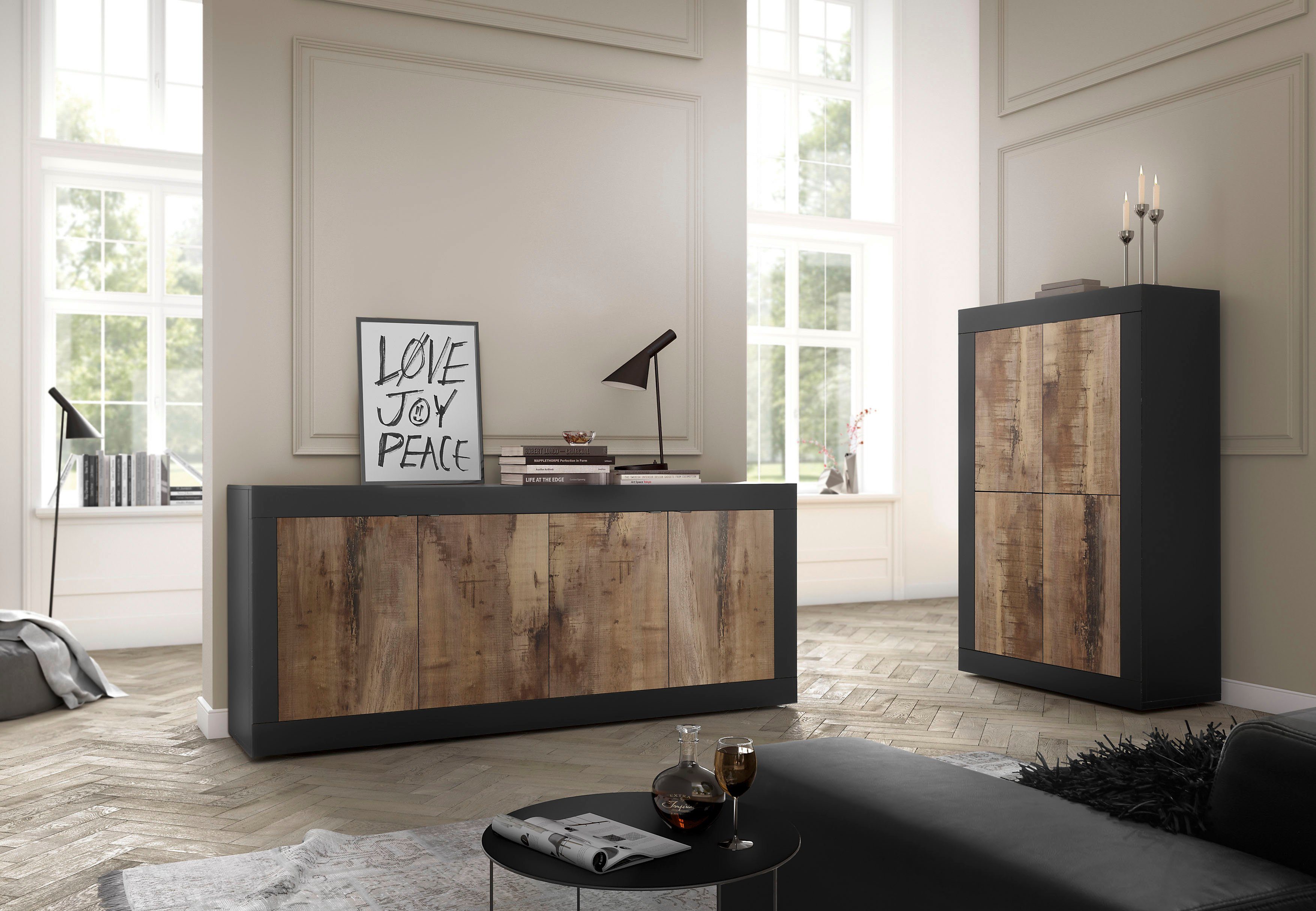 Home affaire Sideboard Basic Breite 207 cm, Kommode 4 Türen, Anrichte, Metallgriff, moderne Rahmenoptik, viel Stauraum, Farbauswahl