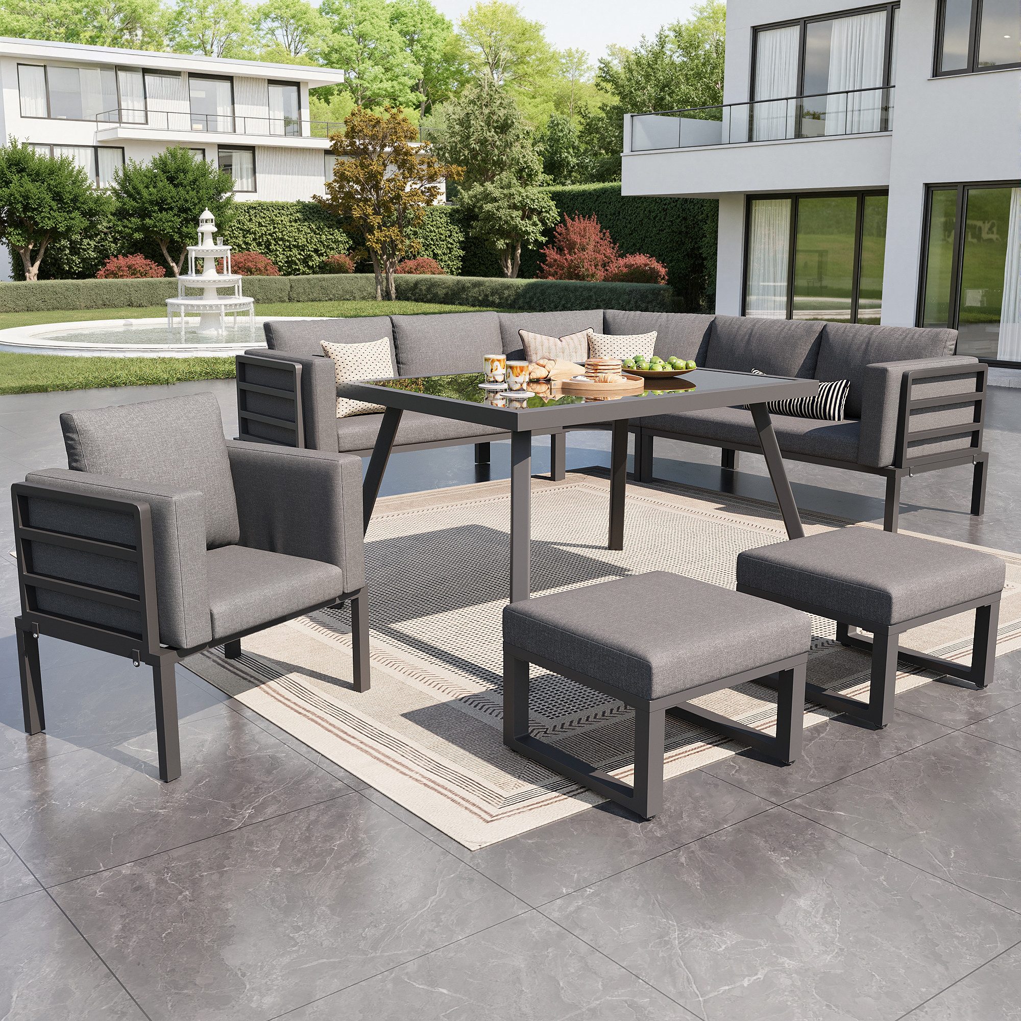 Merax Gartenlounge-Set Halbmond Gartenmöbel Set für 8 Personen, wetterfester Stahlrahmen, (7-tlg), Terrassenmöbel Sitzgruppe mit Glastisch, Sofa, Sessel & 2 Hocker