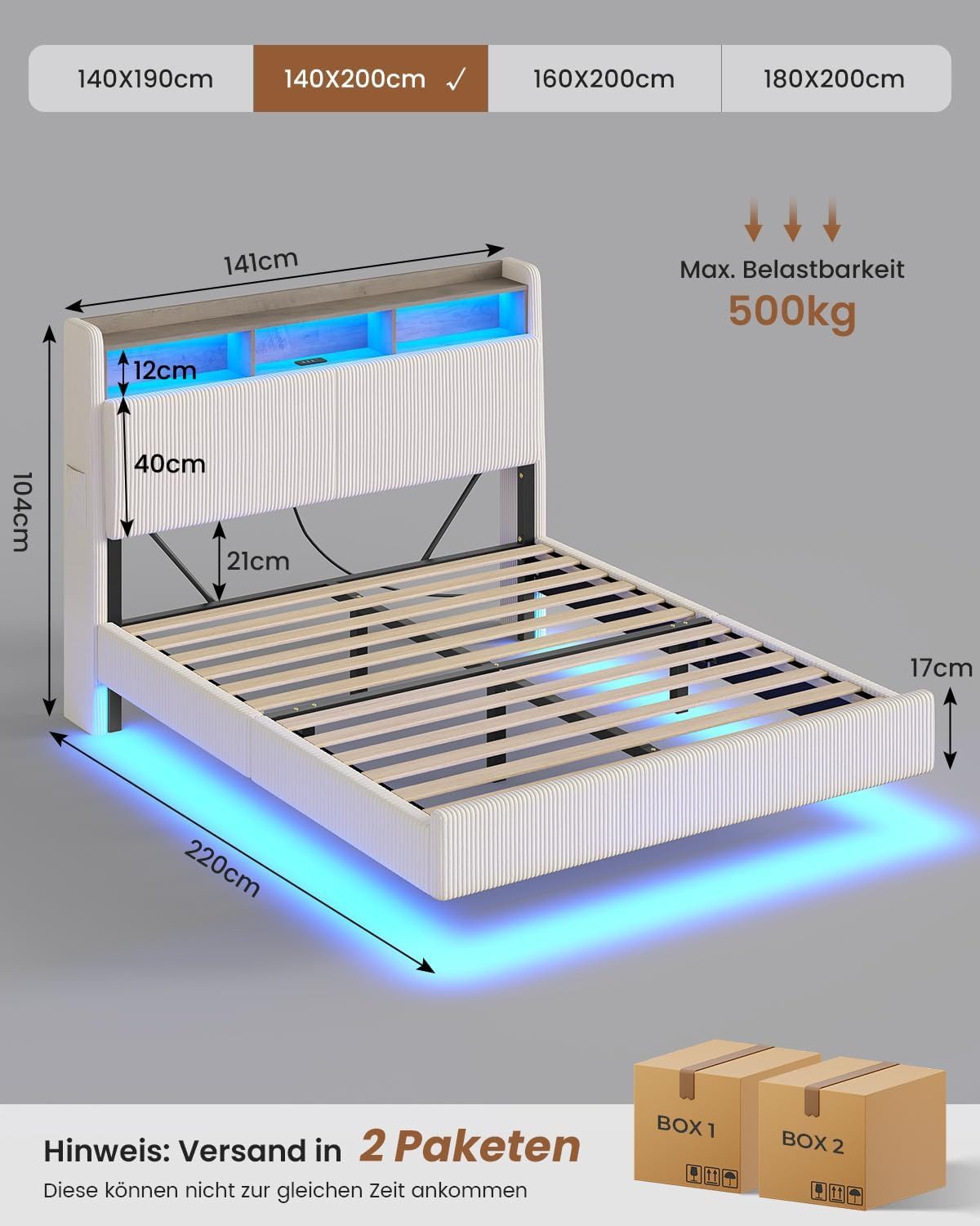 MSMASK Polsterbett Schwebebett mit 270°-LED-Beleuchtung, USB & Type-C Ladestation (Ohne Matratze), Doppelbett mit Stauraum-Kopfteil 140x200 cm – Bild 2 von 5