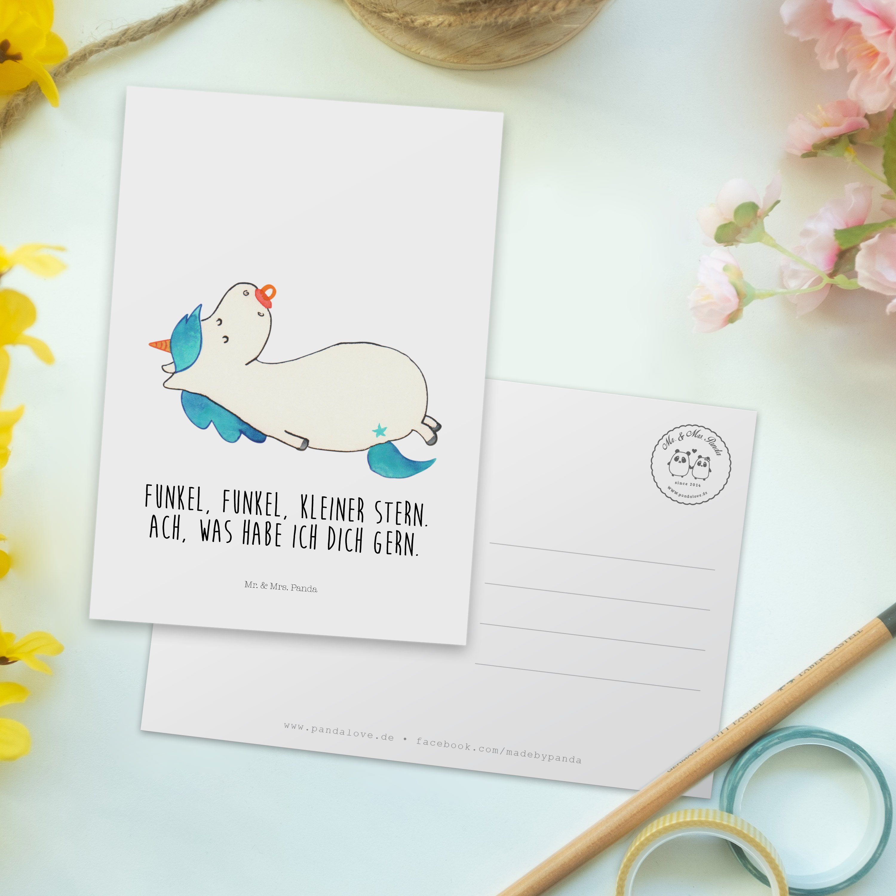 Mr. & Mrs. Schnullie - Einhorn Postkarte Weiß Geschenk, Panda Geburtstagskarte, Mutter, Dankes 