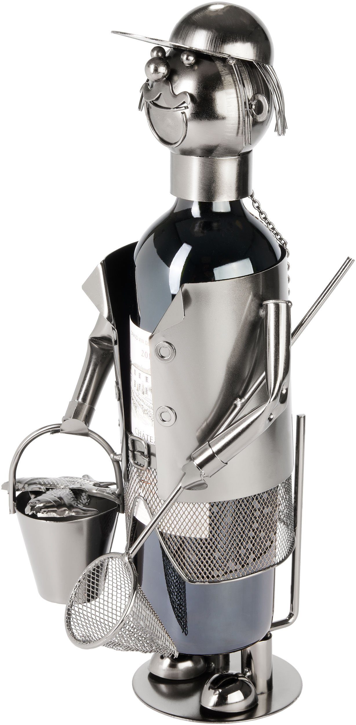 BRUBAKER Weinflaschenhalter Angler mit Kescher - Metall Flaschenhalter Angeln, (Dekoration mit Grußkarte, 1-St., Fischer Flaschenständer), 35 cm Wein Geschenk Angelsport