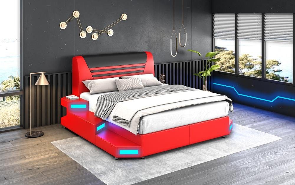 JVmoebel Bett Luxus Led Beleuchtetes Schlafzimmer Bett Lederbett 180x200 Möbel (Bett) Rot