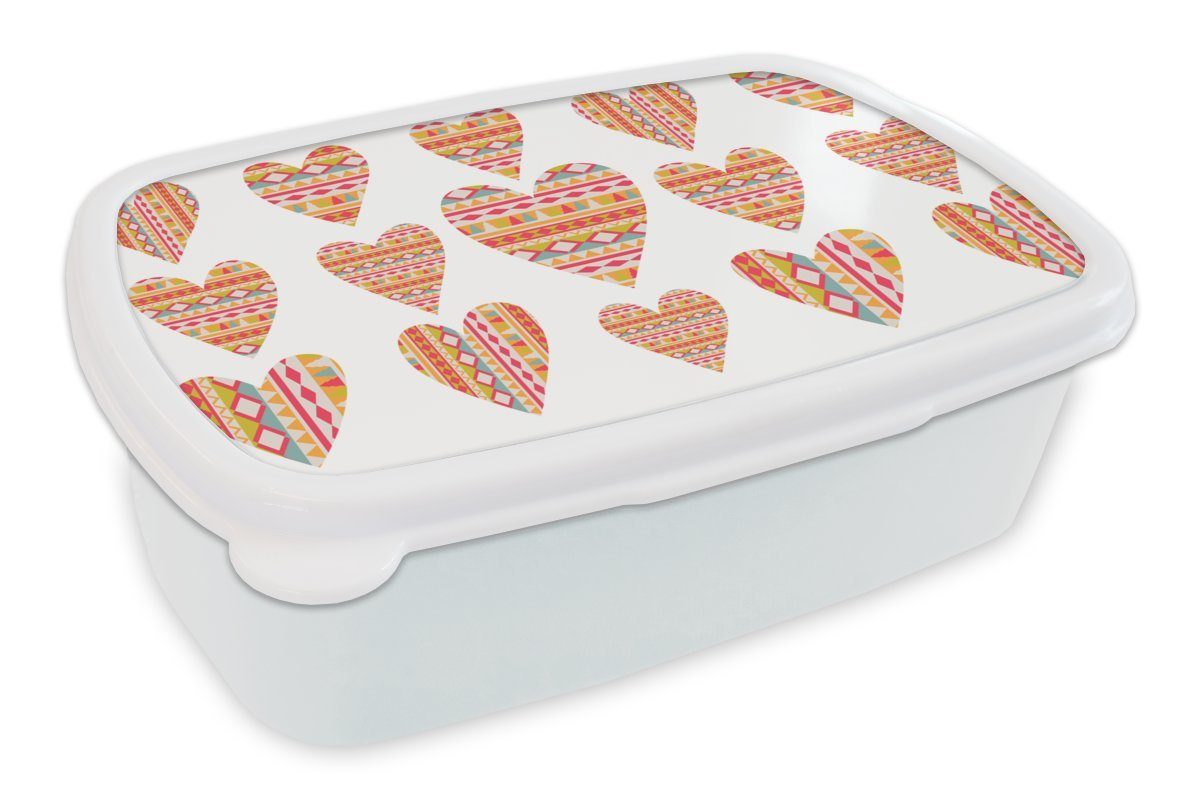 MuchoWow Lunchbox Herz - Südamerika - Muster, Kunststoff, (2-tlg), Brotbox für Kinder und Erwachsene, Brotdose, für Jungs und Mädchen weiß | Lunchboxen