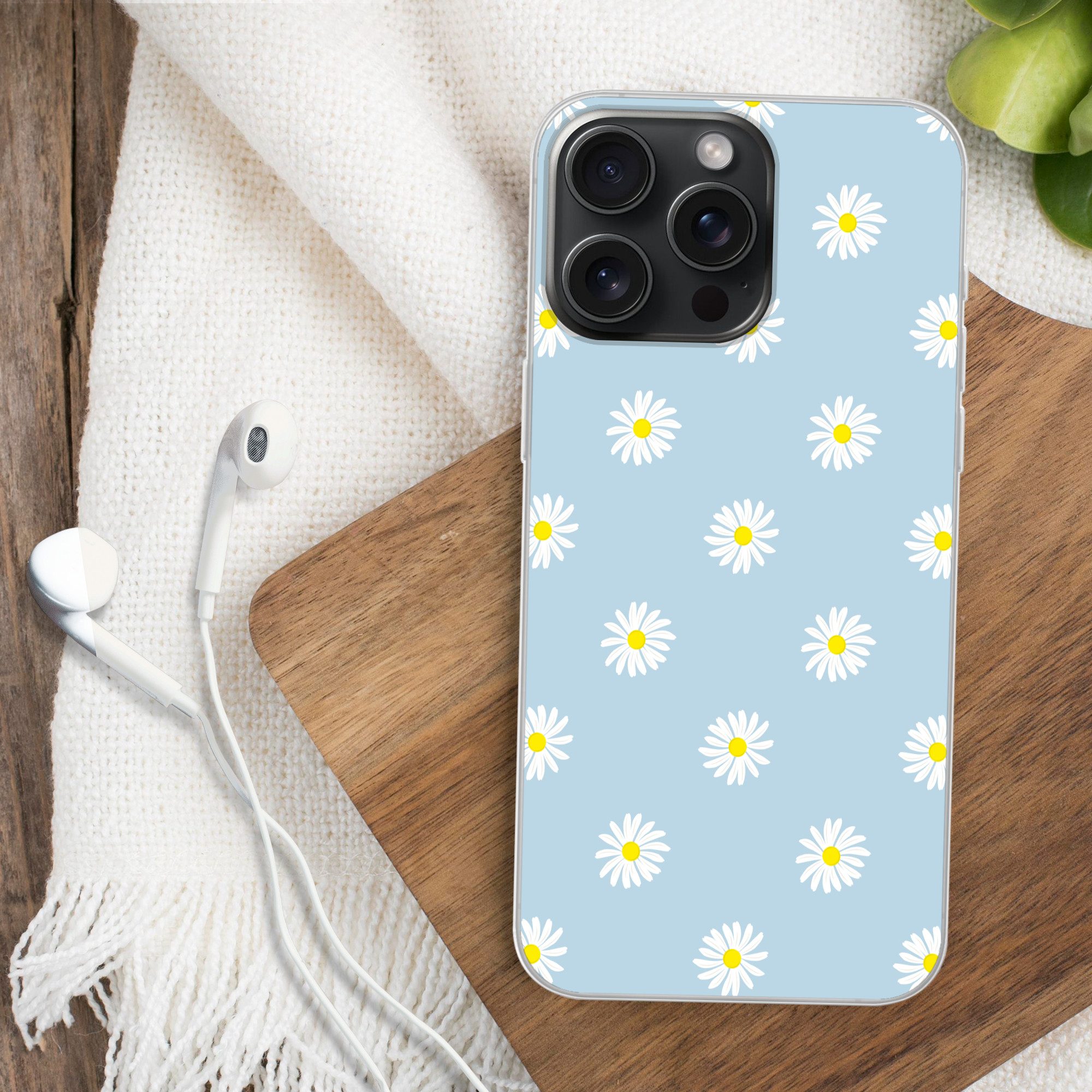MuchoWow Handyhülle für Apple iPhone 15 Pro Max Gänseblümchen - Pastell - Weiß - Blau - Bl, Smartphone-Bumper, Print, Handy Schutzhülle Dünn