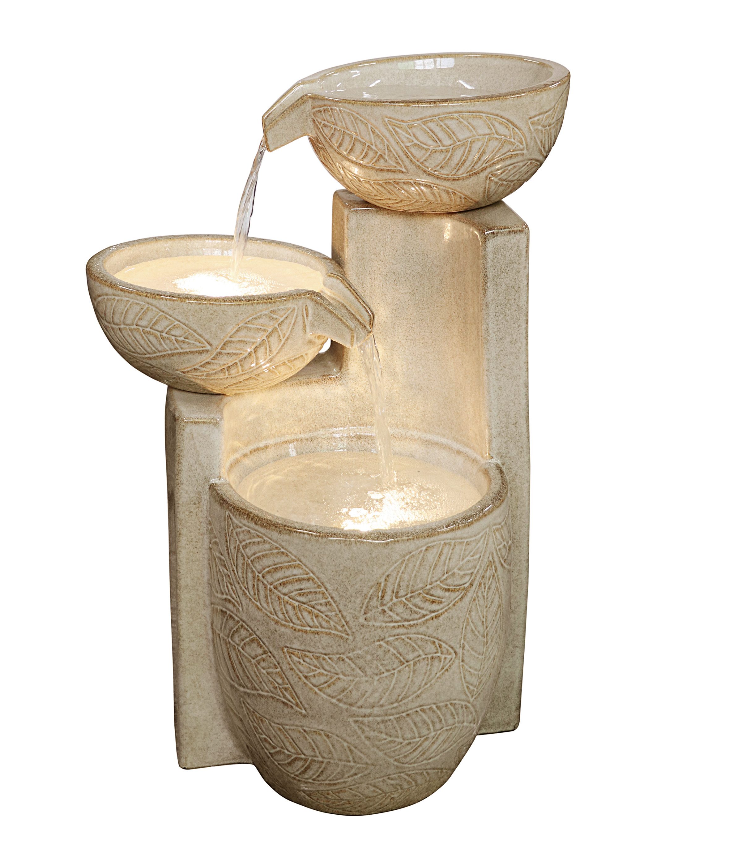 Dehner Gartenbrunnen Casca, mit LED Beleuchtung, 44.5 x 37.5 x 65.5 cm, Keramik, frostbeständig, solarfähiger Kaskaden-Brunnen, inkl. Pumpe / Trafo