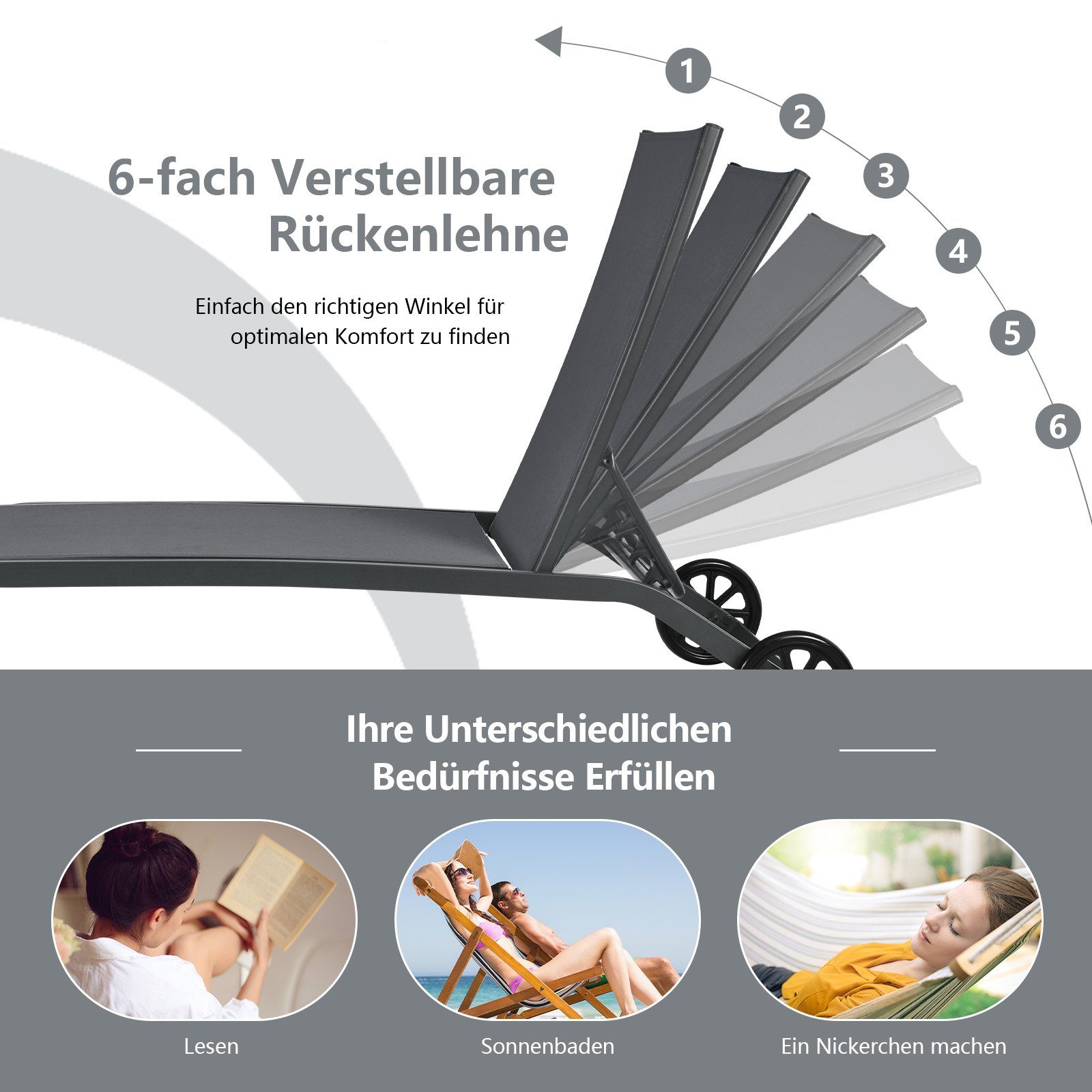 COSTWAY Gartenliege Sonnenliege, mit Rollen, 6-fach verstellbar