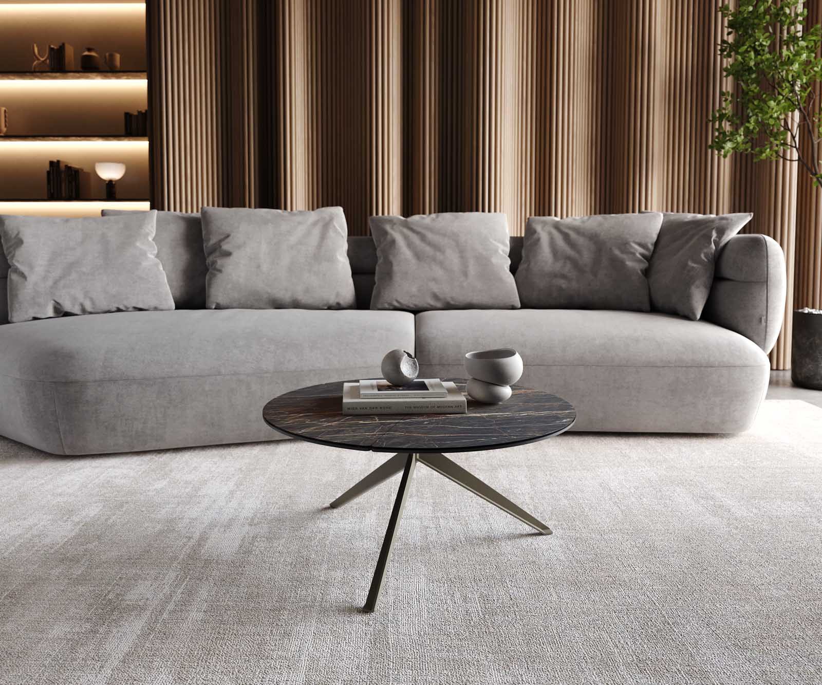 DELIFE Couchtisch Delron, Keramik Laminam®Noir Desir Braun 70x70 cm Kreuzfuß Flach Metall Effekt
