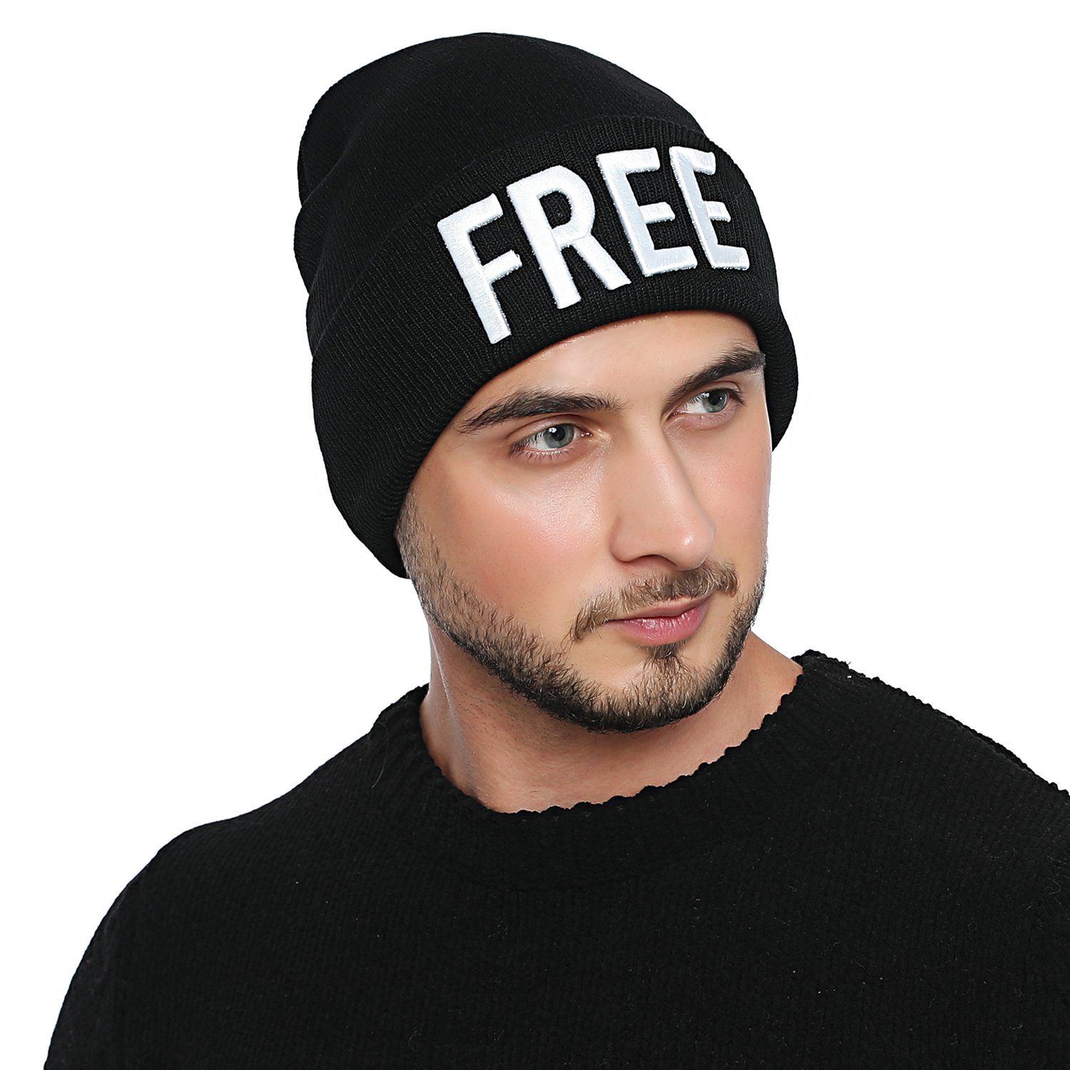 "FREE" mit (Packung, Winter Statement-Print, DonDon stylische Wintermütze, mit coolem Krempe Strickmütze schwarz Beanie Herren Beanie 1-St) -