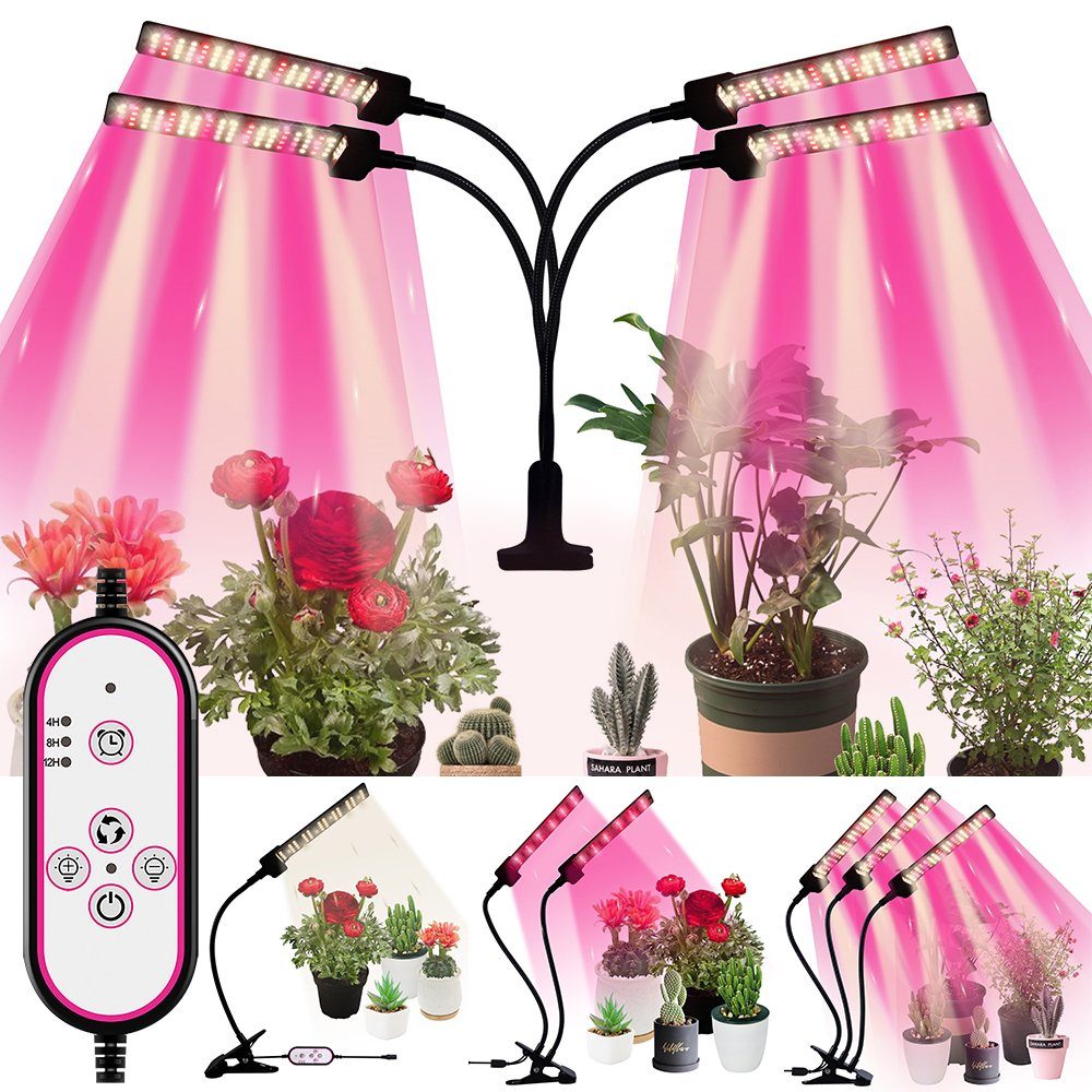 Sunicol LED Tischleuchte Schreibtischlampe mit USB-Drahtlose Ladefunktion, Digitaler Wecker, 3 Lichter, 4/8/12H Auto Timer, für Zimmerpflanzen, Gemüse | Tischlampen